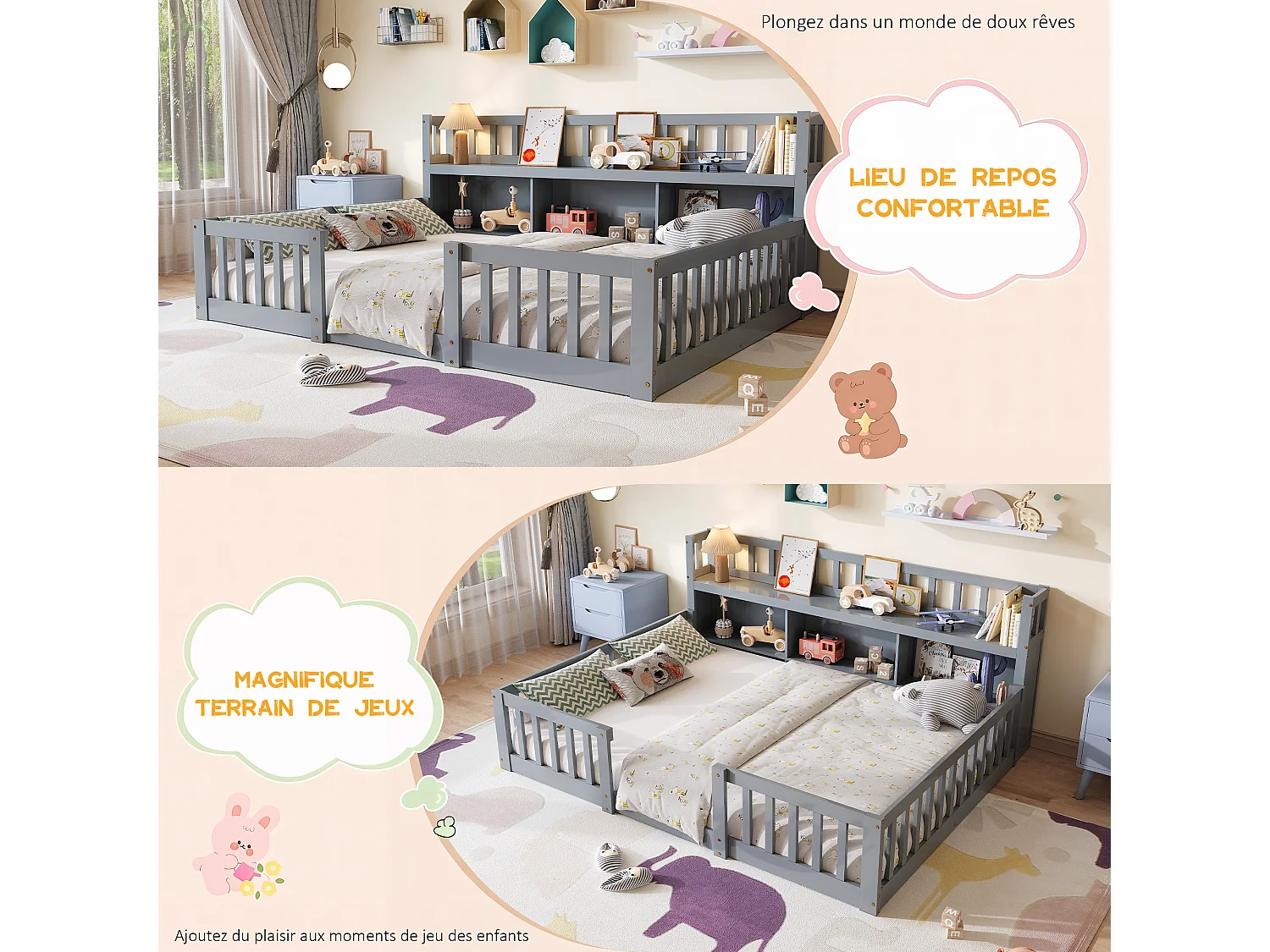 Lit Montessori 140x200 Bois avec Rangement,Bibliothèque Intégrée,Barreaux Sécurité,Lit Enfant avec Sommier,Lit 2 place,Gris