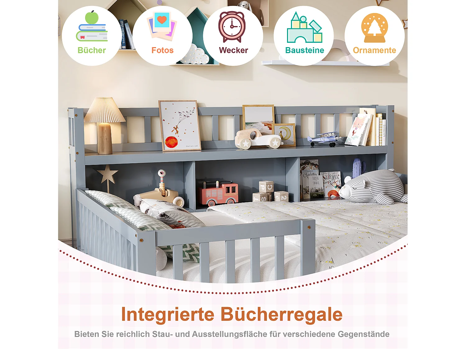 Lit Montessori 140x200 Bois avec Rangement,Bibliothèque Intégrée,Barreaux Sécurité,Lit Enfant avec Sommier,Lit 2 place,Gris