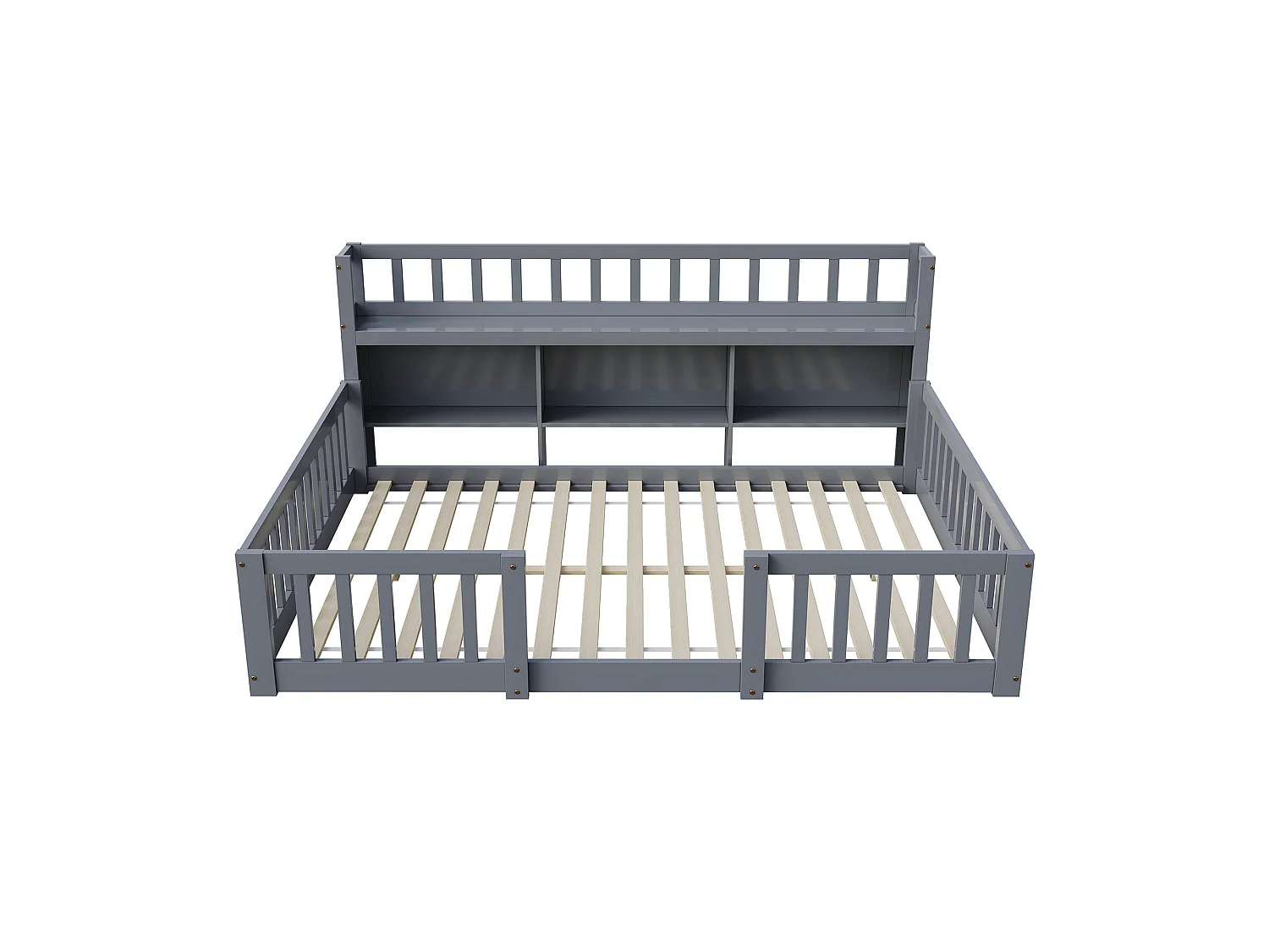 Lit Montessori 140x200 Bois avec Rangement,Bibliothèque Intégrée,Barreaux Sécurité,Lit Enfant avec Sommier,Lit 2 place,Gris