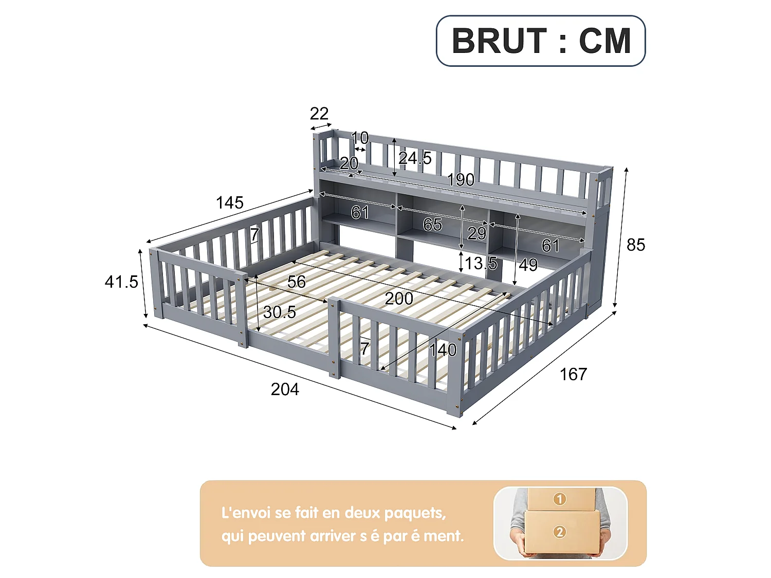 Lit Montessori 140x200 Bois avec Rangement,Bibliothèque Intégrée,Barreaux Sécurité,Lit Enfant avec Sommier,Lit 2 place,Gris