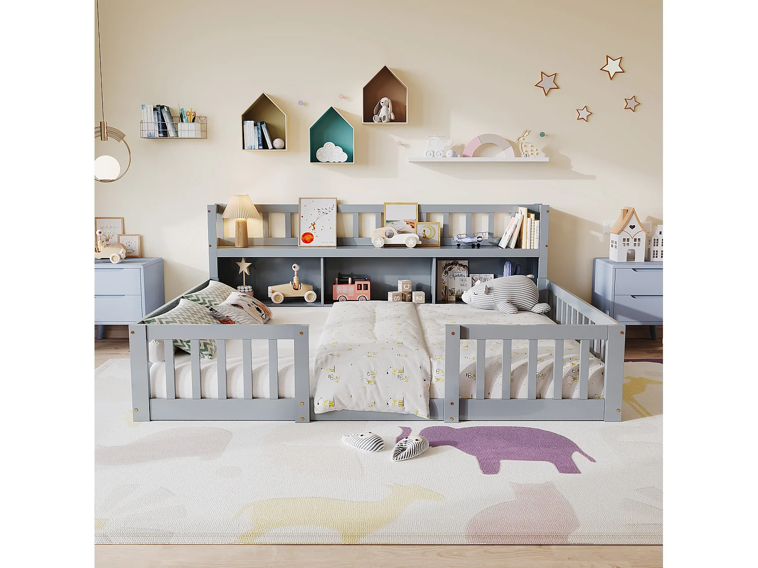 Lit Montessori 140x200 Bois avec Rangement,Bibliothèque Intégrée,Barreaux Sécurité,Lit Enfant avec Sommier,Lit 2 place,Gris