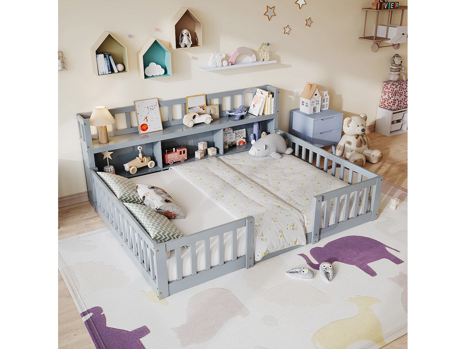 Lit Montessori 140x200 Bois avec Rangement,Bibliothèque Intégrée,Barreaux Sécurité,Lit Enfant avec Sommier,Lit 2 place,Gris