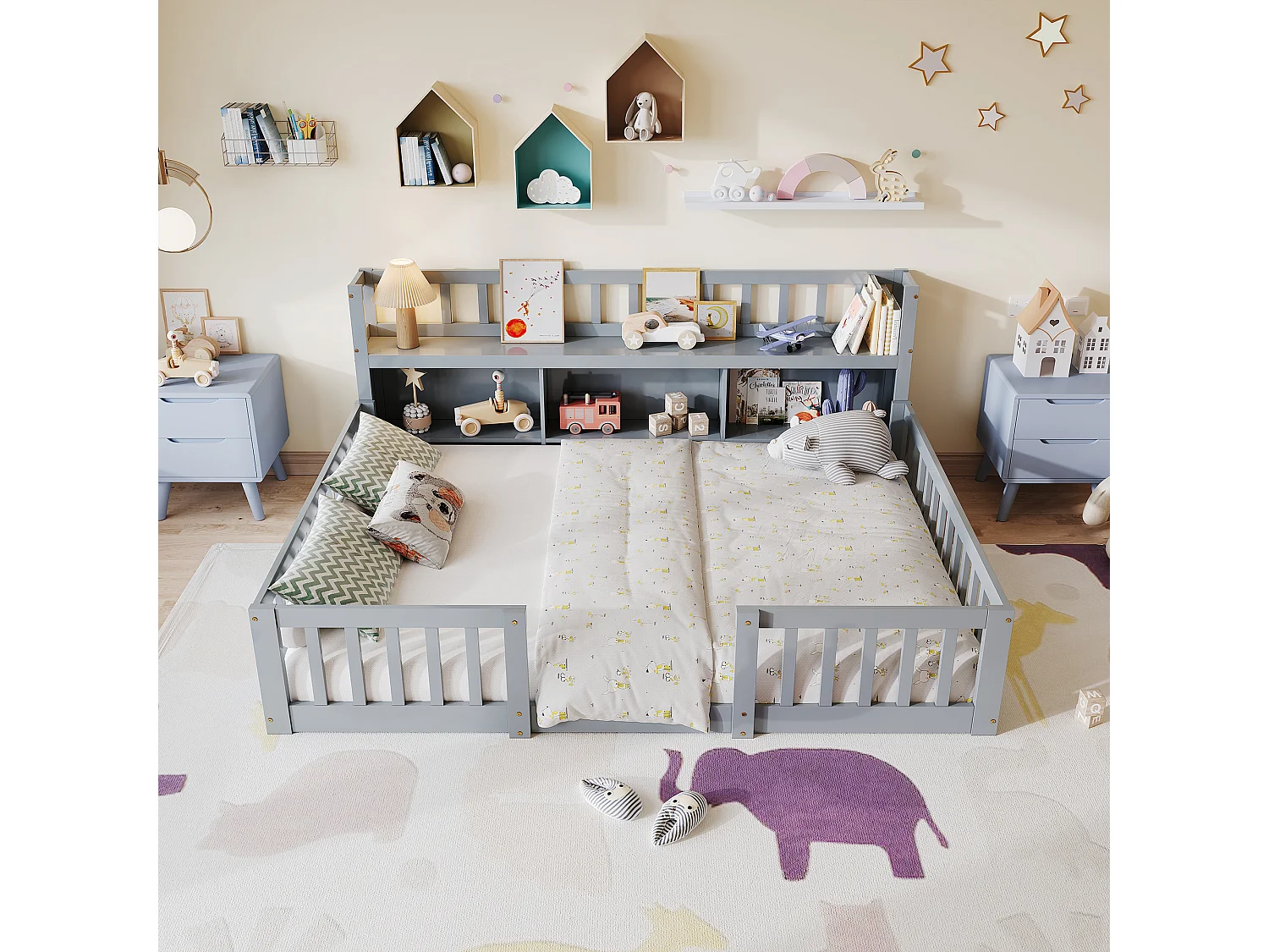 Lit Montessori 140x200 Bois avec Rangement,Bibliothèque Intégrée,Barreaux Sécurité,Lit Enfant avec Sommier,Lit 2 place,Gris