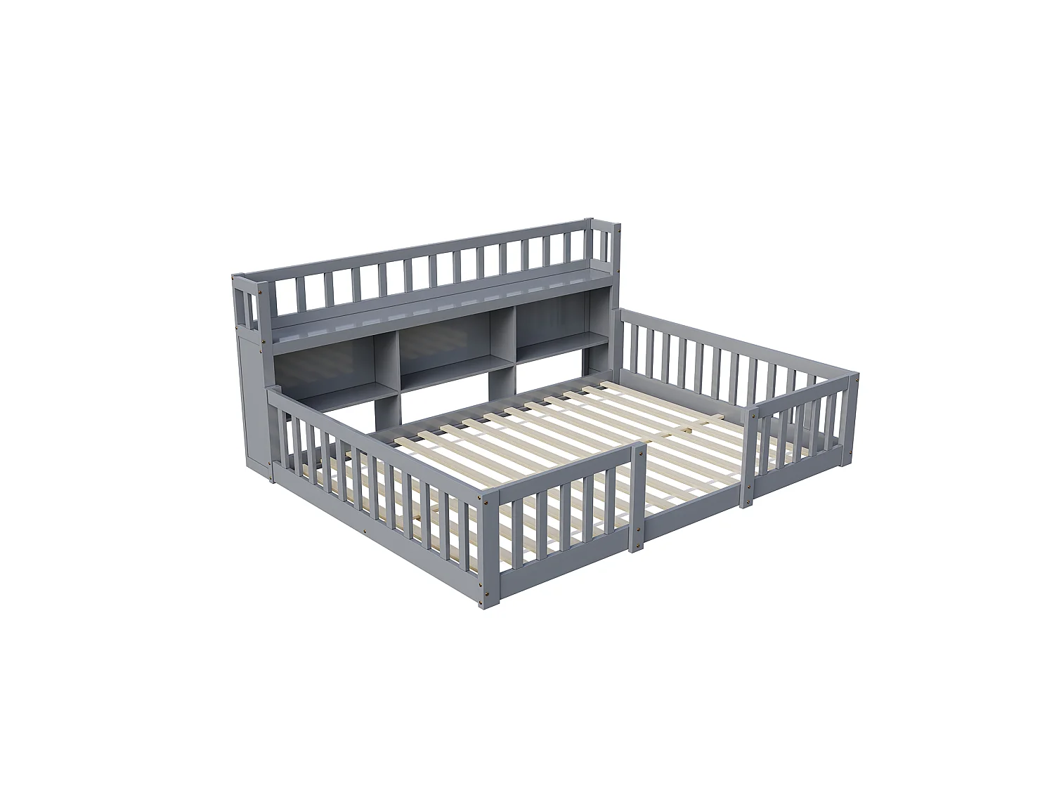 Lit Montessori 140x200 Bois avec Rangement,Bibliothèque Intégrée,Barreaux Sécurité,Lit Enfant avec Sommier,Lit 2 place,Gris