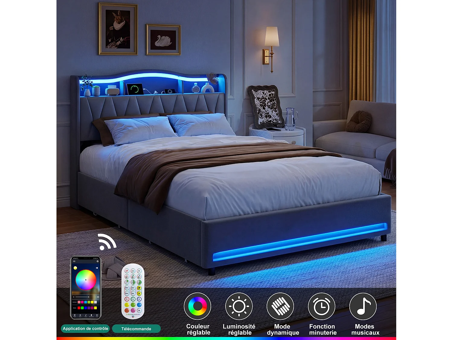 Lit adulte 140x200 LED RGB avec Recharge USB,Tête de Lit Rangement,Cadre de Lit double avec 4 Tiroirs,Tissu velours Gris