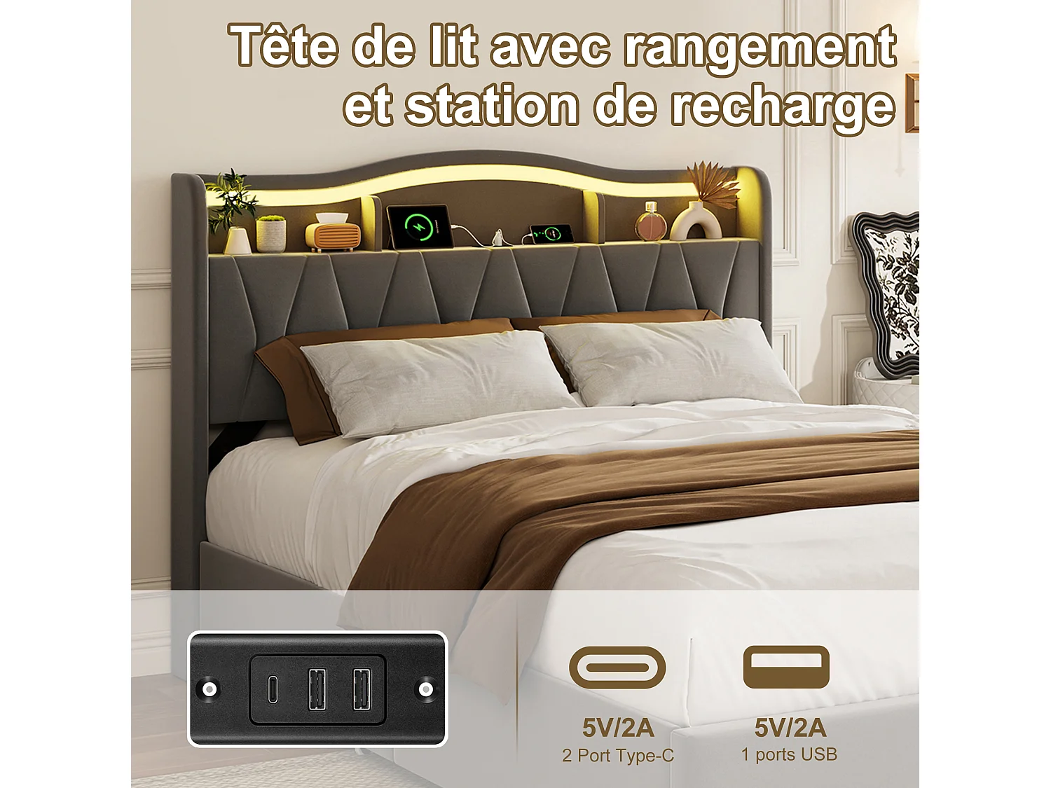 Lit adulte 140x200 LED RGB avec Recharge USB,Tête de Lit Rangement,Cadre de Lit double avec 4 Tiroirs,Tissu velours Gris