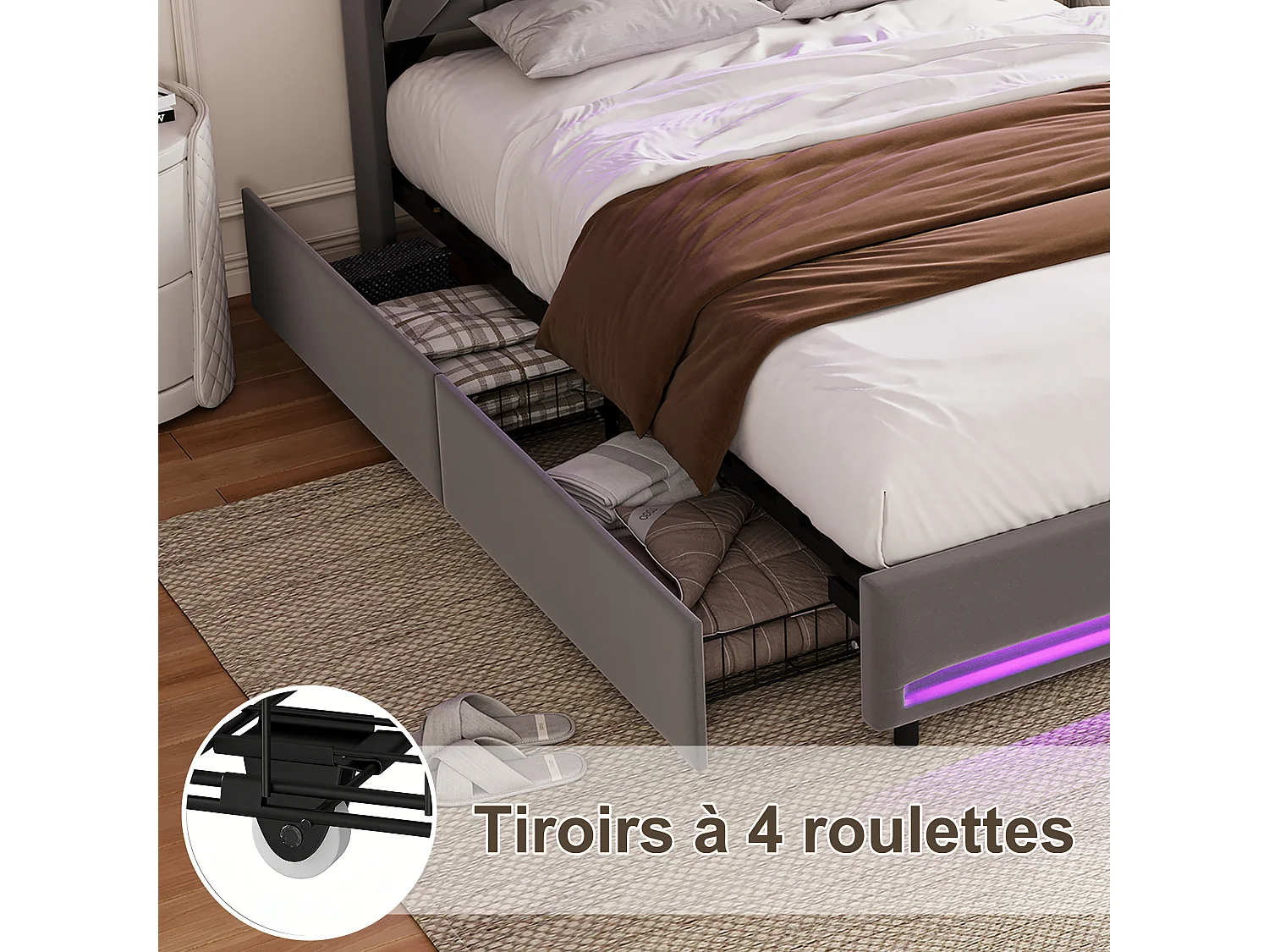 Lit adulte 140x200 LED RGB avec Recharge USB,Tête de Lit Rangement,Cadre de Lit double avec 4 Tiroirs,Tissu velours Gris