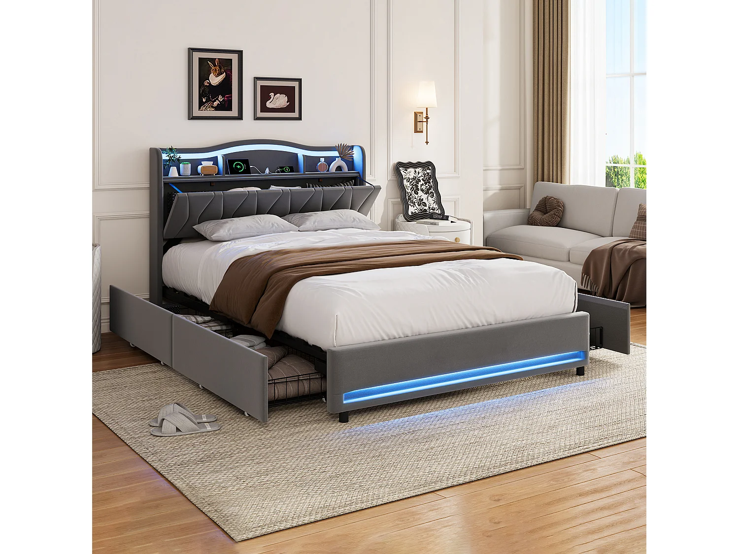 Lit adulte 140x200 LED RGB avec Recharge USB,Tête de Lit Rangement,Cadre de Lit double avec 4 Tiroirs,Tissu velours Gris