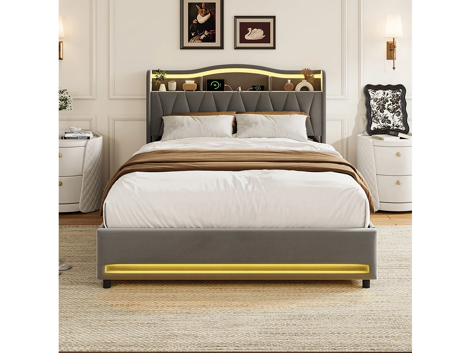 Lit adulte 140x200 LED RGB avec Recharge USB,Tête de Lit Rangement,Cadre de Lit double avec 4 Tiroirs,Tissu velours Gris