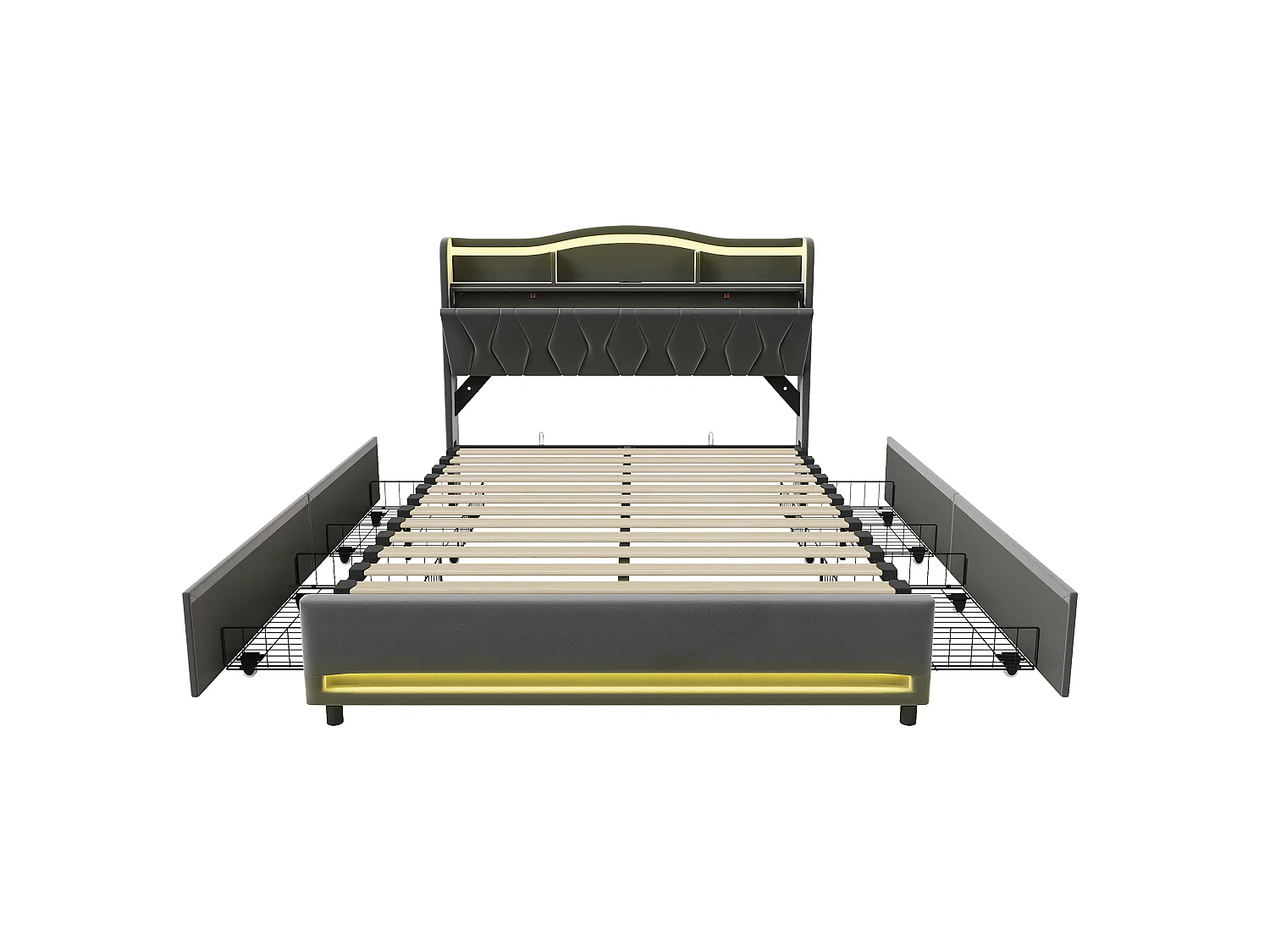 Lit adulte 140x200 LED RGB avec Recharge USB,Tête de Lit Rangement,Cadre de Lit double avec 4 Tiroirs,Tissu velours Gris