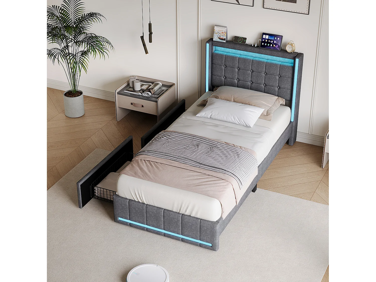 Lit Adulte 90x200CM avec LED et 2 Tiroir,Tête de Lit avec USB Type-C,Lit 1 Personnes avec Sommier à Lattes en Bois,Tissu Lin,Gris