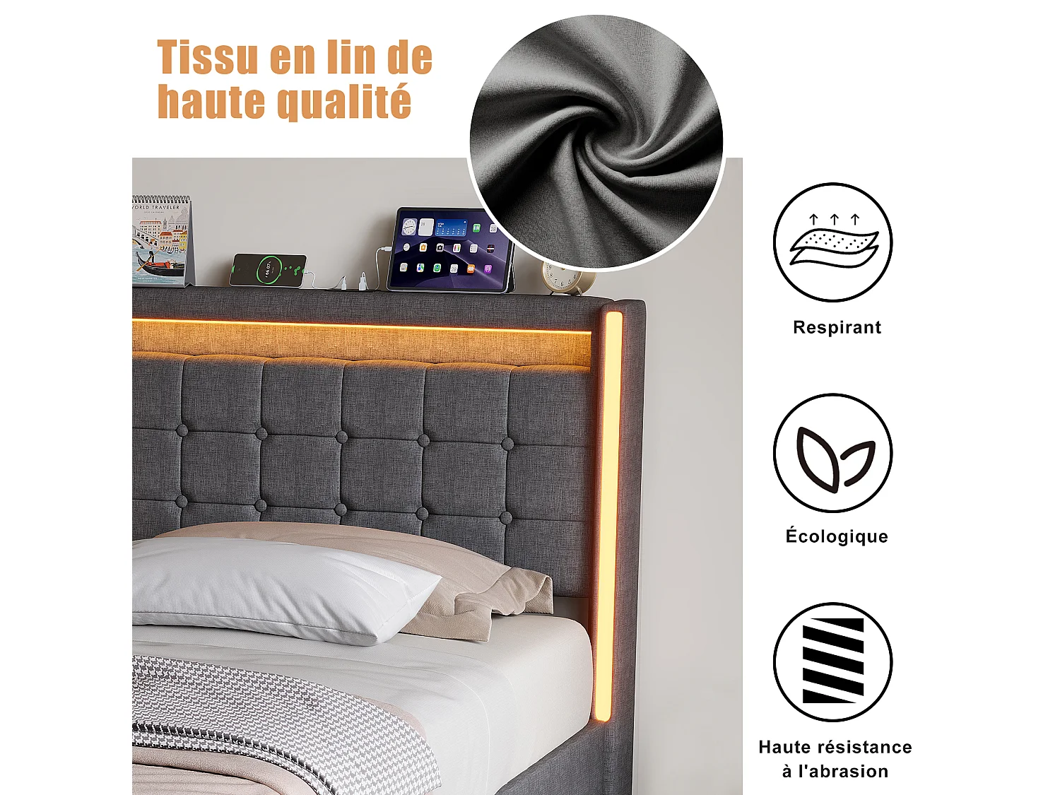 Lit Adulte 90x200CM avec LED et 2 Tiroir,Tête de Lit avec USB Type-C,Lit 1 Personnes avec Sommier à Lattes en Bois,Tissu Lin,Gris