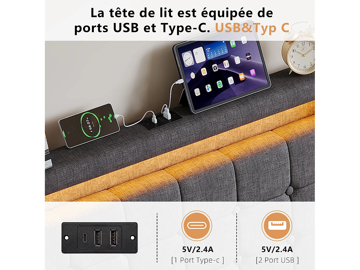 Lit Adulte 90x200CM avec LED et 2 Tiroir,Tête de Lit avec USB Type-C,Lit 1 Personnes avec Sommier à Lattes en Bois,Tissu Lin,Gris