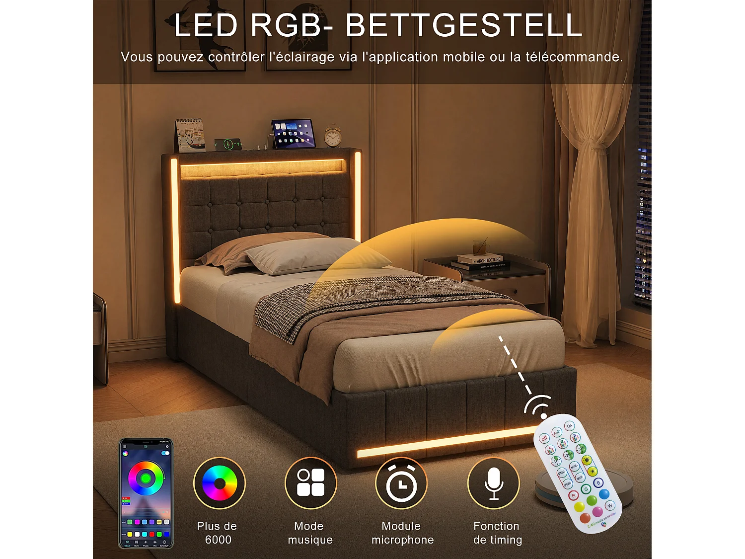 Lit Adulte 90x200CM avec LED et 2 Tiroir,Tête de Lit avec USB Type-C,Lit 1 Personnes avec Sommier à Lattes en Bois,Tissu Lin,Gris