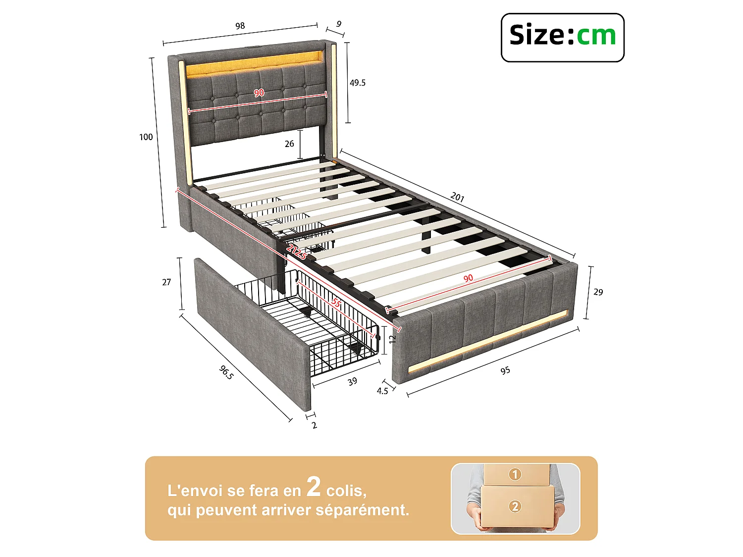 Lit Adulte 90x200CM avec LED et 2 Tiroir,Tête de Lit avec USB Type-C,Lit 1 Personnes avec Sommier à Lattes en Bois,Tissu Lin,Gris
