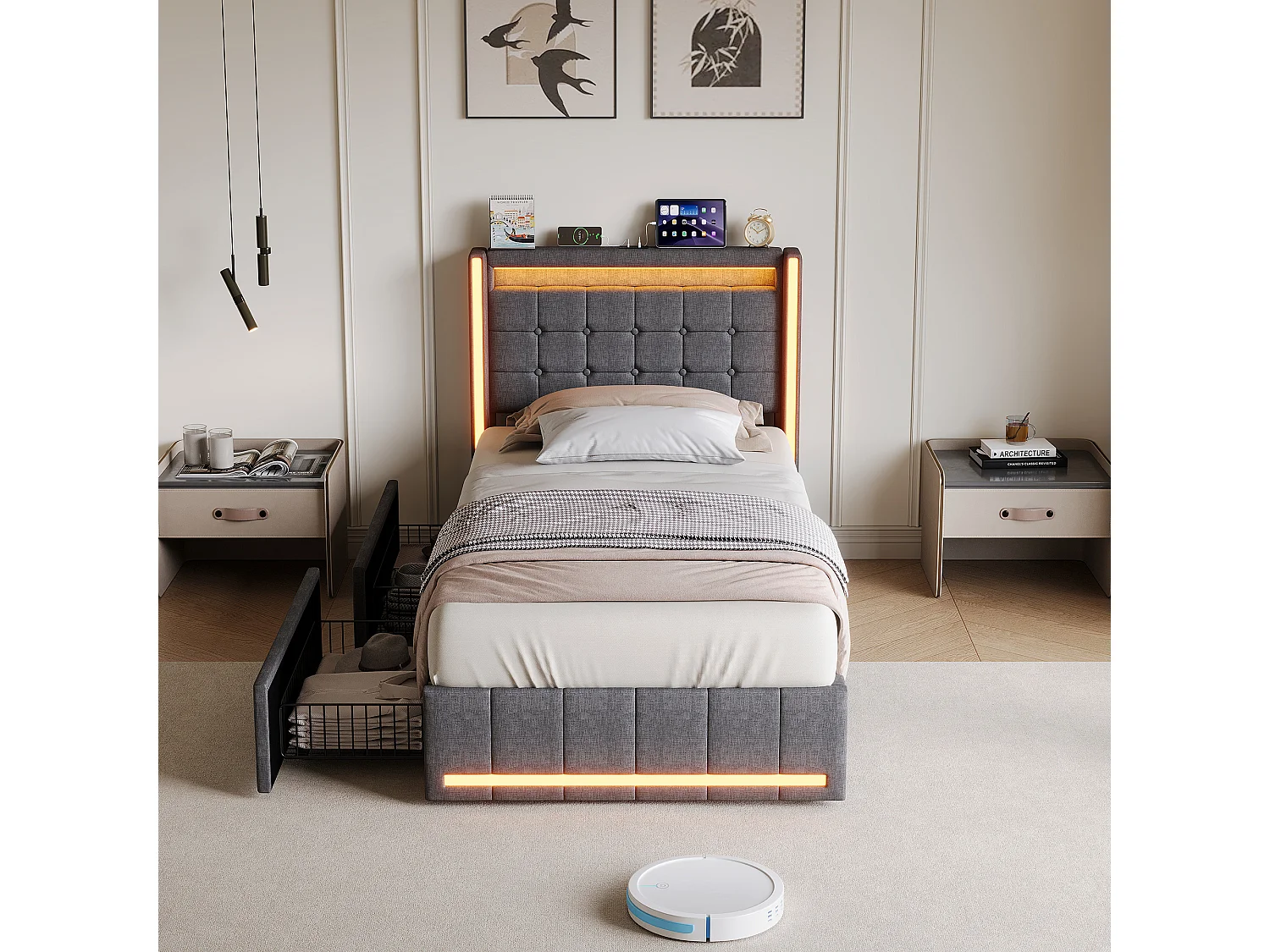 Lit Adulte 90x200CM avec LED et 2 Tiroir,Tête de Lit avec USB Type-C,Lit 1 Personnes avec Sommier à Lattes en Bois,Tissu Lin,Gris