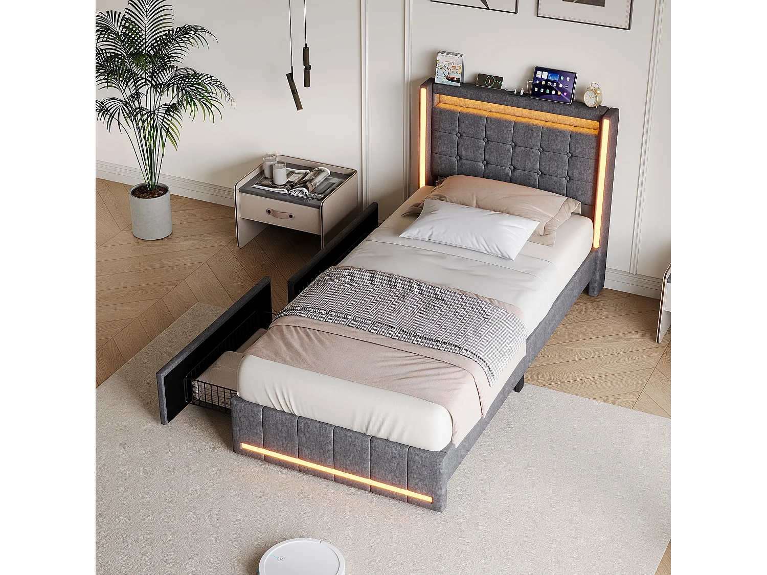 Lit Adulte 90x200CM avec LED et 2 Tiroir,Tête de Lit avec USB Type-C,Lit 1 Personnes avec Sommier à Lattes en Bois,Tissu Lin,Gris