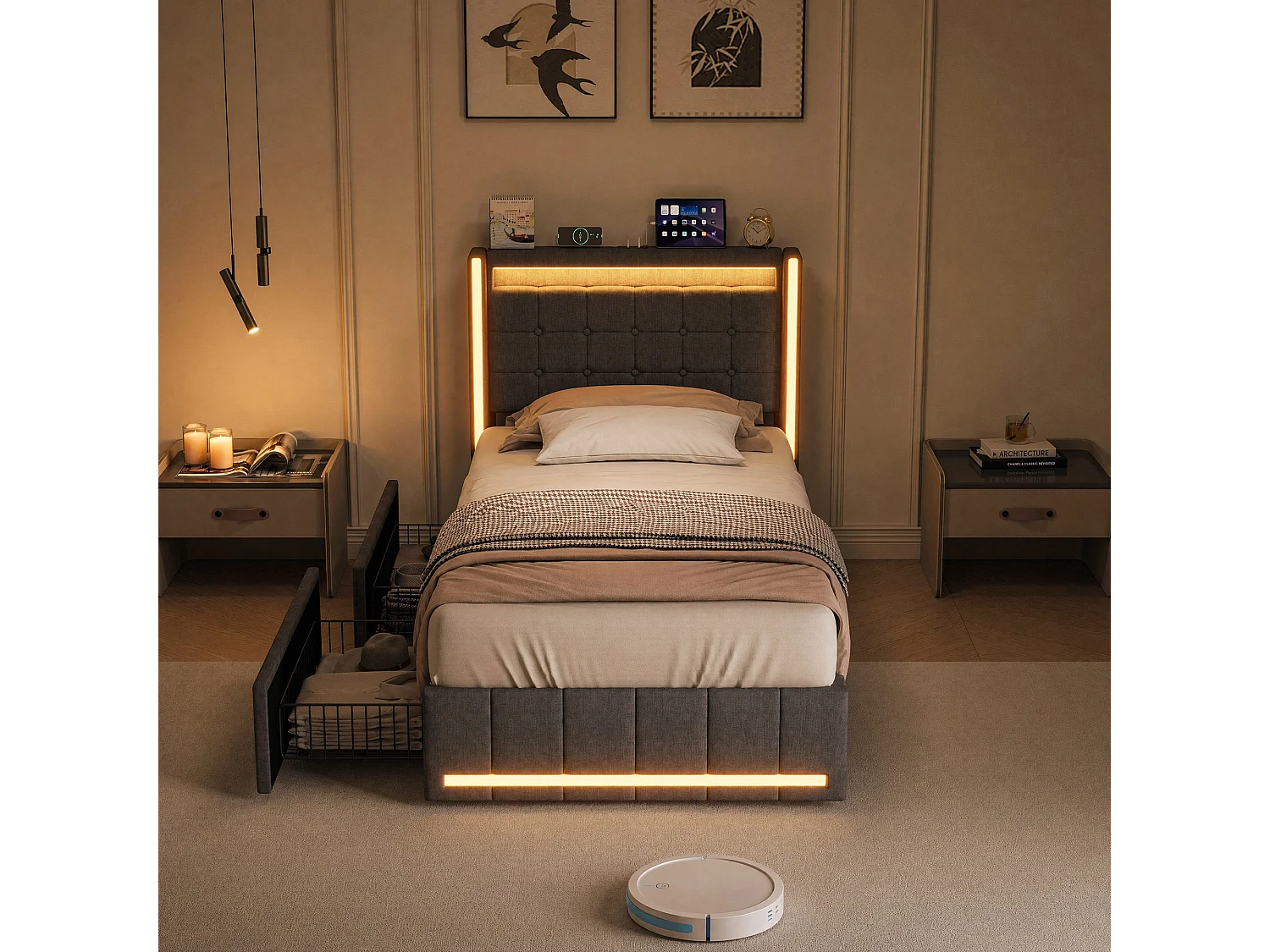 Lit Adulte 90x200CM avec LED et 2 Tiroir,Tête de Lit avec USB Type-C,Lit 1 Personnes avec Sommier à Lattes en Bois,Tissu Lin,Gris