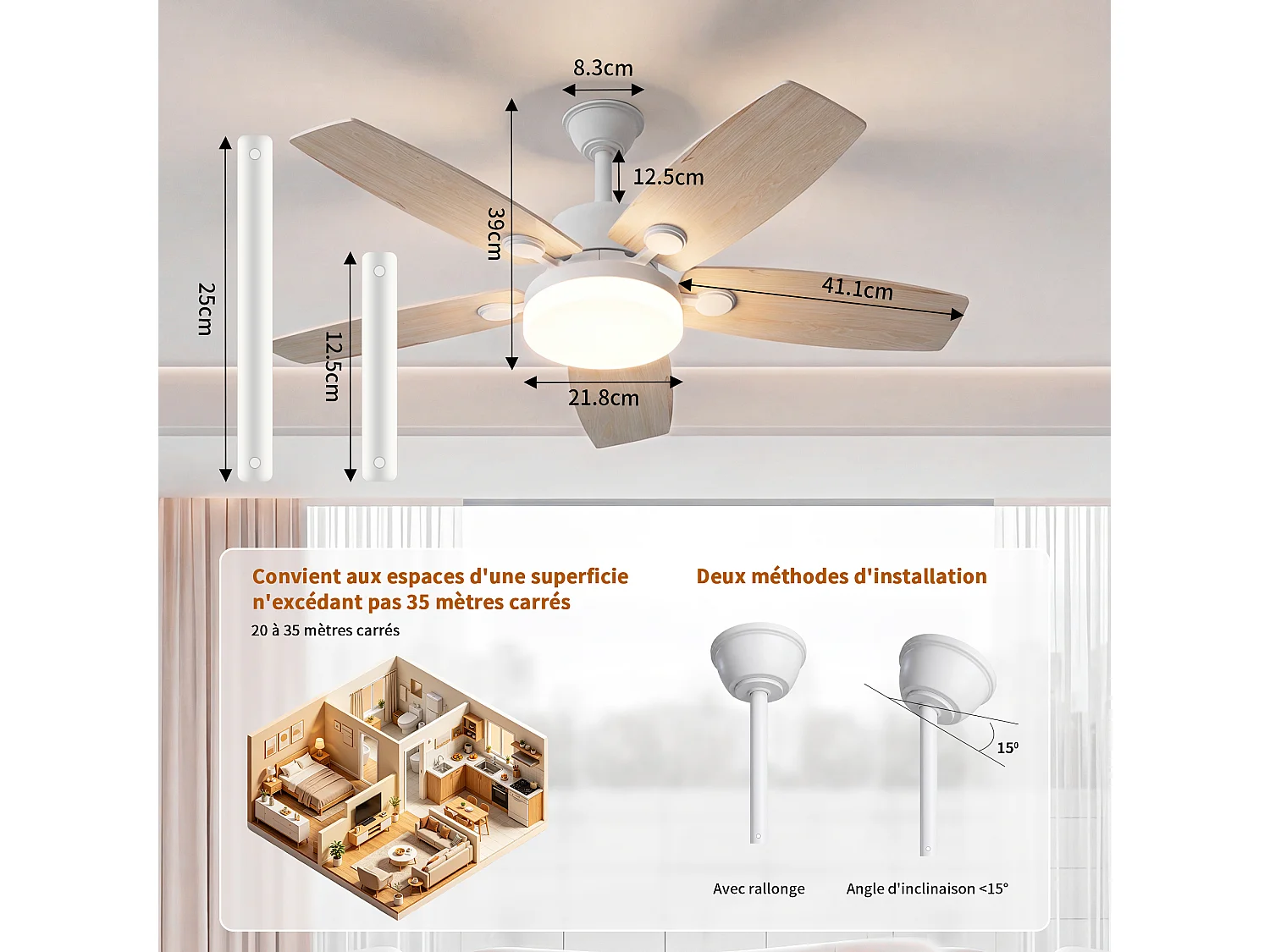 Stille plafondventilator van massief hout met LED-verlichting, 6 snelheden, gelijkstroommotor, 3 kleuren, omkeerbaar, 20W energiebesparend, zomer-/winterstand.