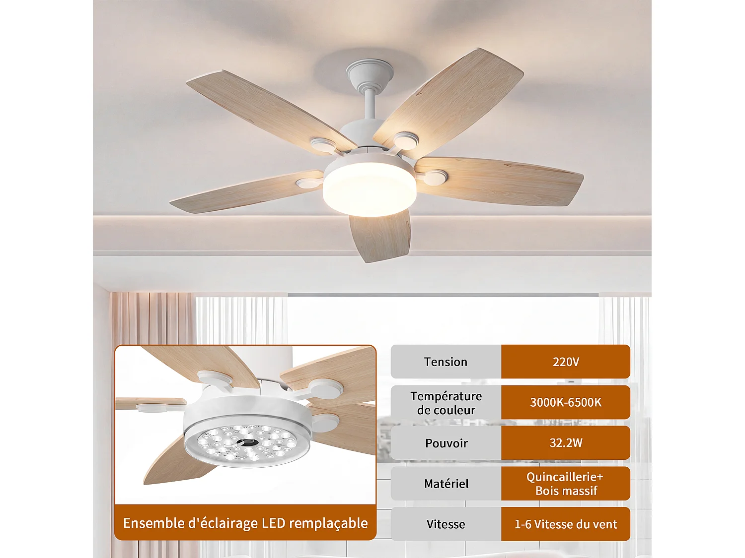 Stille plafondventilator van massief hout met LED-verlichting, 6 snelheden, gelijkstroommotor, 3 kleuren, omkeerbaar, 20W energiebesparend, zomer-/winterstand.