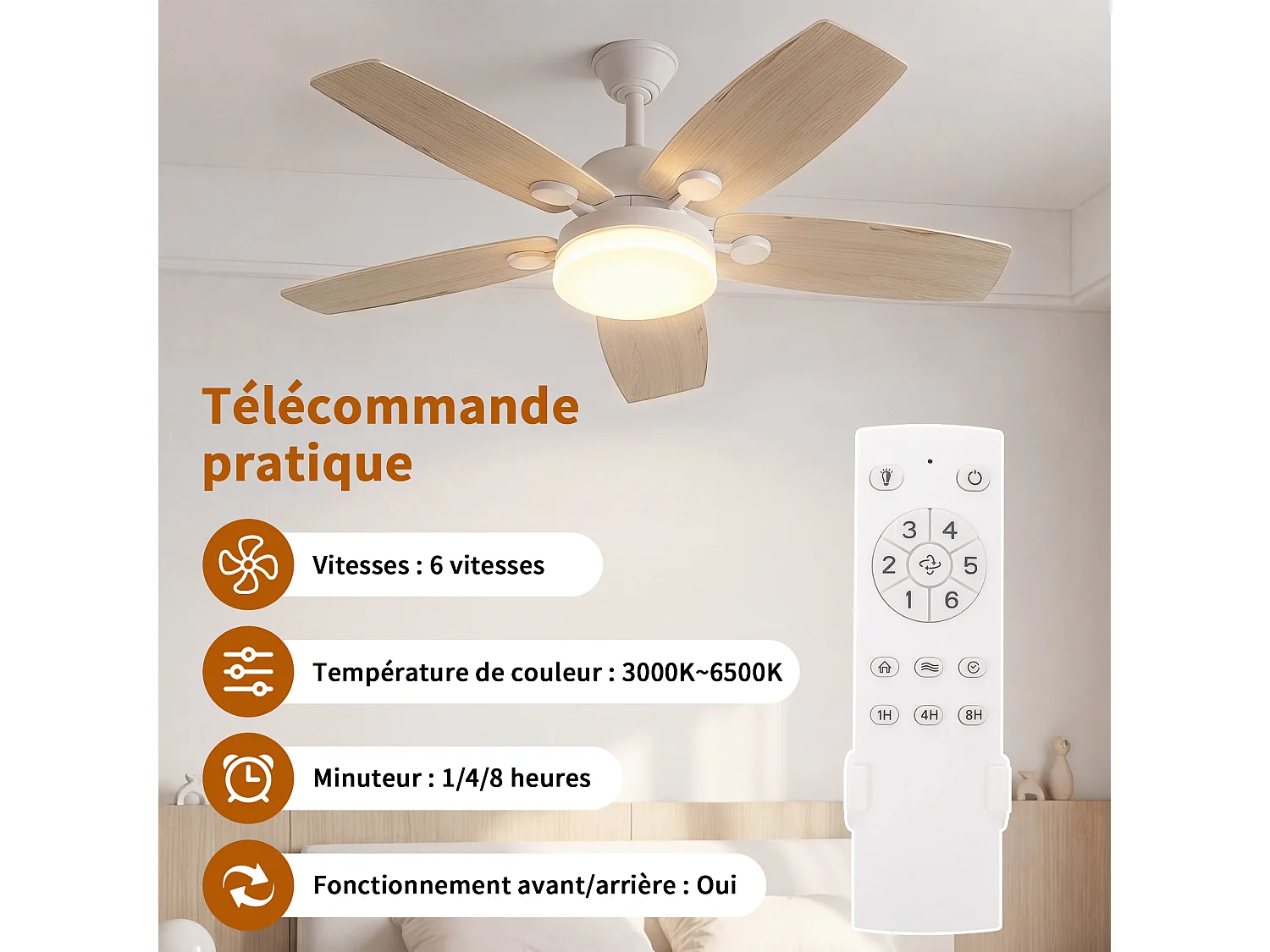 Stille plafondventilator van massief hout met LED-verlichting, 6 snelheden, gelijkstroommotor, 3 kleuren, omkeerbaar, 20W energiebesparend, zomer-/winterstand.