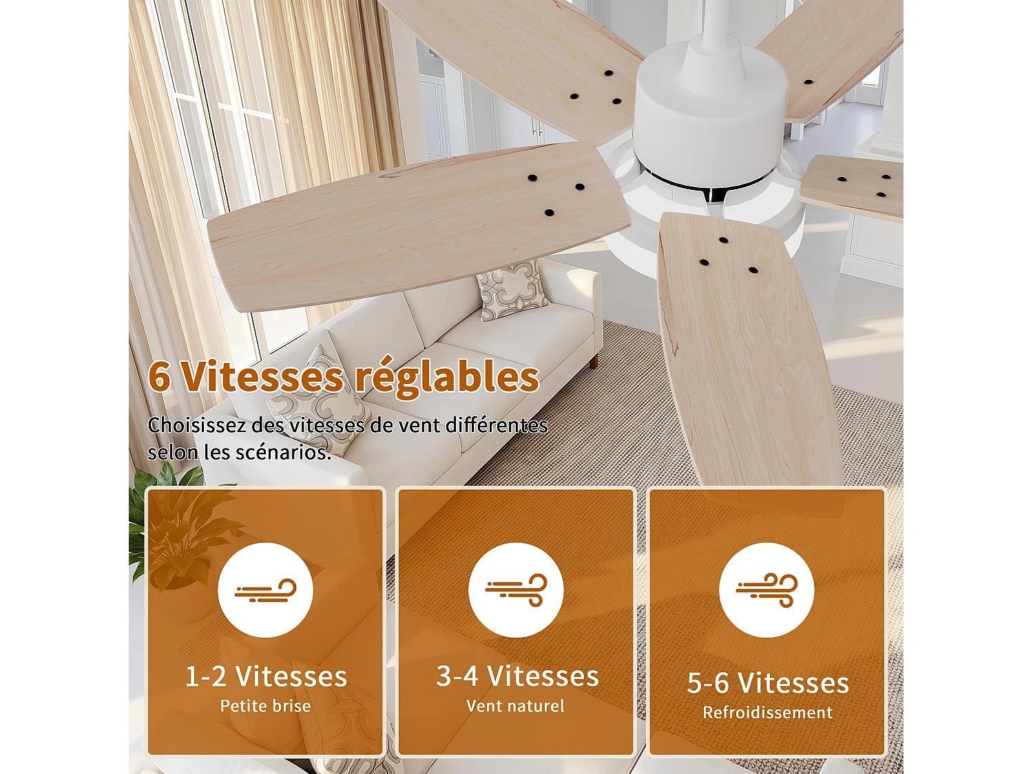 Stille plafondventilator van massief hout met LED-verlichting, 6 snelheden, gelijkstroommotor, 3 kleuren, omkeerbaar, 20W energiebesparend, zomer-/winterstand.