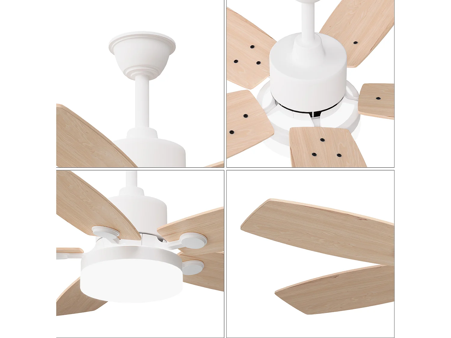 Stille plafondventilator van massief hout met LED-verlichting, 6 snelheden, gelijkstroommotor, 3 kleuren, omkeerbaar, 20W energiebesparend, zomer-/winterstand.