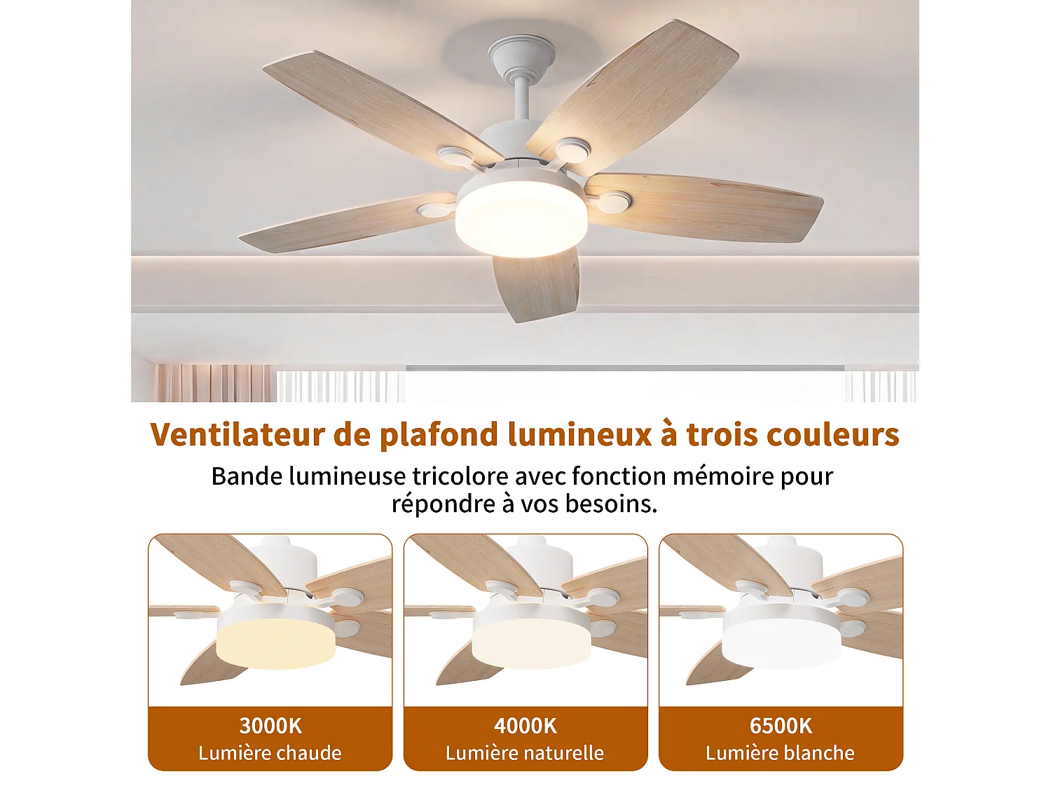 Stille plafondventilator van massief hout met LED-verlichting, 6 snelheden, gelijkstroommotor, 3 kleuren, omkeerbaar, 20W energiebesparend, zomer-/winterstand.