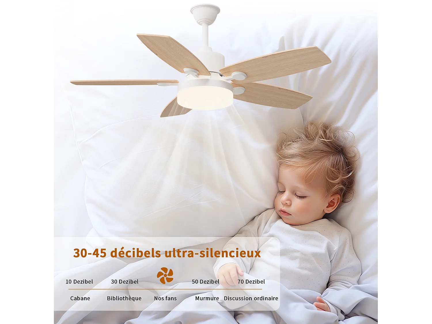 Stille plafondventilator van massief hout met LED-verlichting, 6 snelheden, gelijkstroommotor, 3 kleuren, omkeerbaar, 20W energiebesparend, zomer-/winterstand.