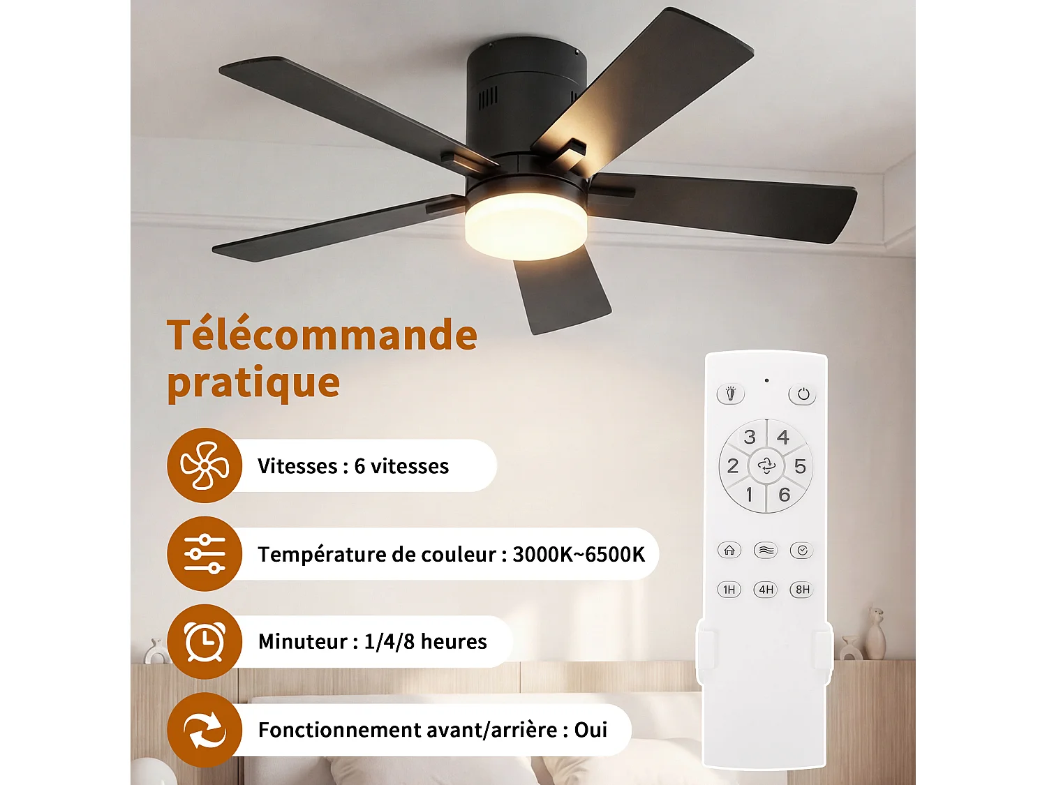 Stille LED-plafondventilator met houten afwerking, gelijkstroommotor, afstandsbediening, 6 snelheden, omkeerbaar, dimbaar, 3-kleurenverlichting, zwart