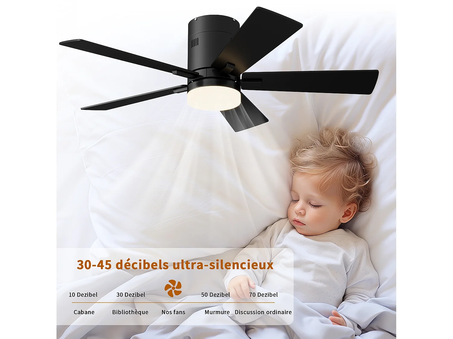 Stille LED-plafondventilator met houten afwerking, gelijkstroommotor, afstandsbediening, 6 snelheden, omkeerbaar, dimbaar, 3-kleurenverlichting, zwart