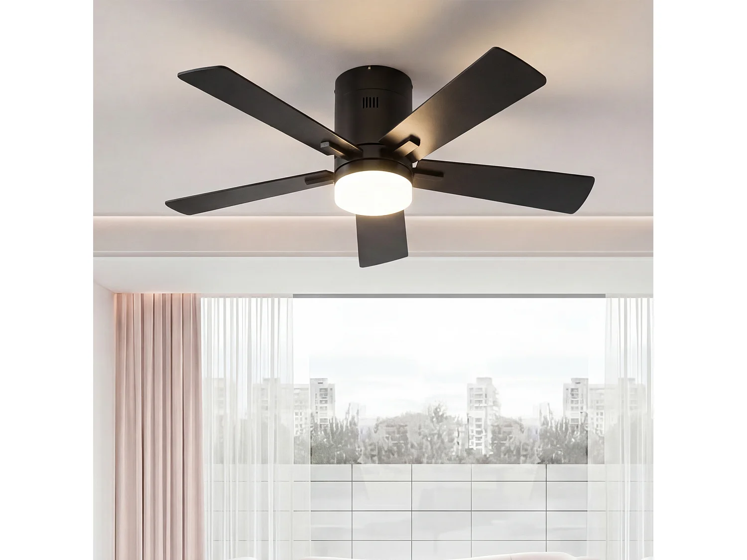 Stille LED-plafondventilator met houten afwerking, gelijkstroommotor, afstandsbediening, 6 snelheden, omkeerbaar, dimbaar, 3-kleurenverlichting, zwart