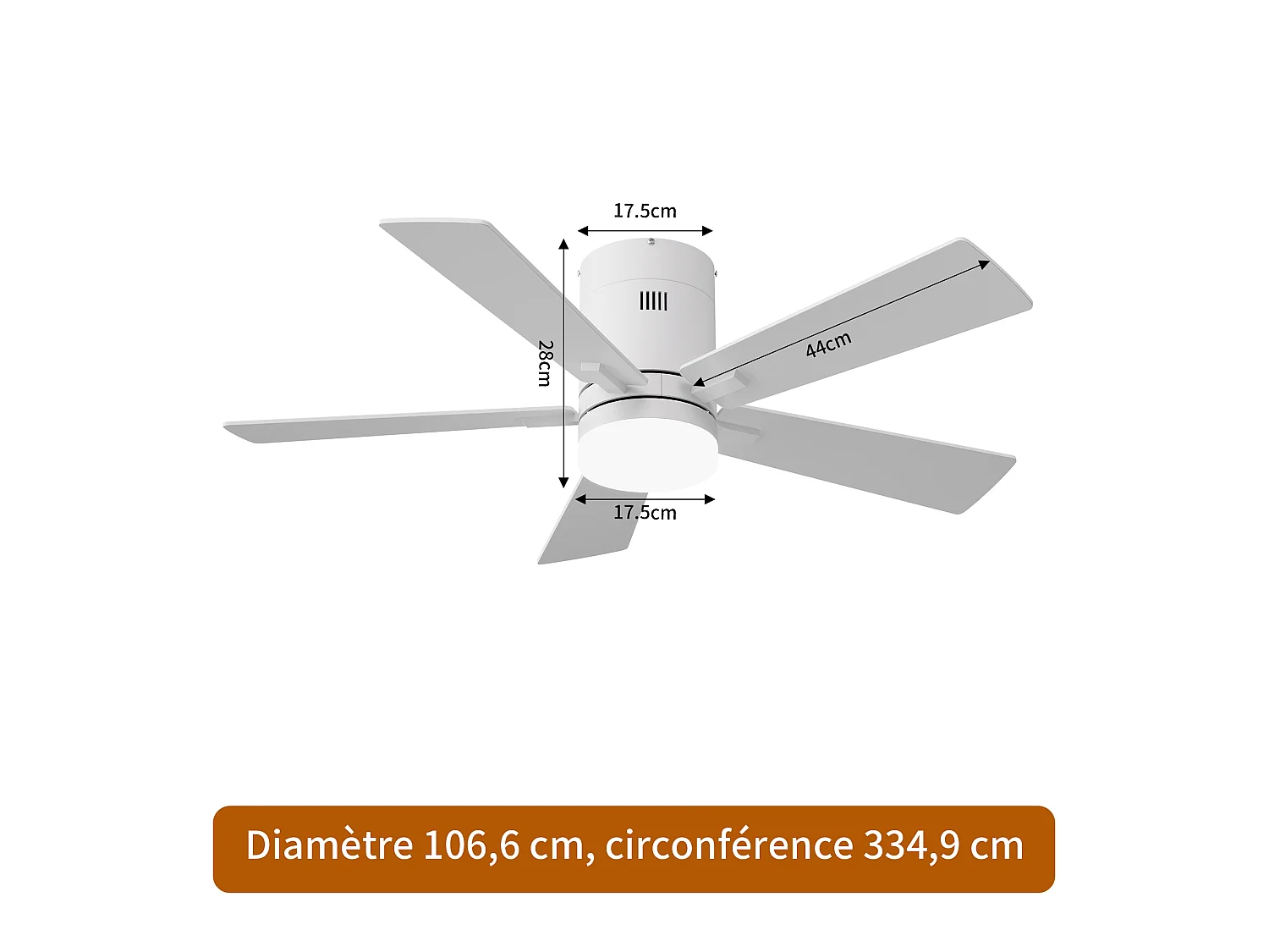 Stille LED-plafondventilator met houten afwerking, gelijkstroommotor, afstandsbediening, 6 snelheden, omkeerbaar, dimbaar, 3-kleurenverlichting, wit