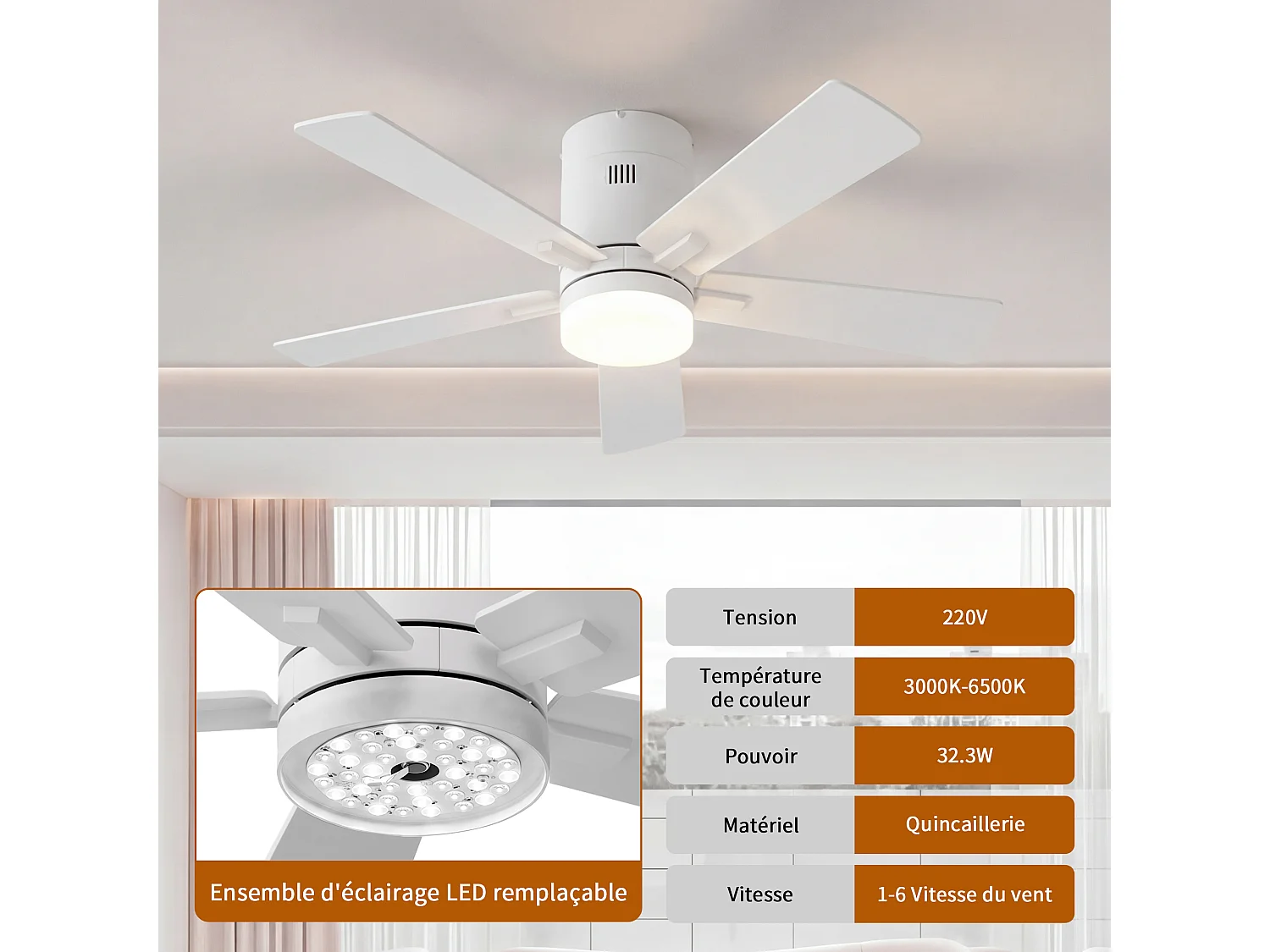 Stille LED-plafondventilator met houten afwerking, gelijkstroommotor, afstandsbediening, 6 snelheden, omkeerbaar, dimbaar, 3-kleurenverlichting, wit