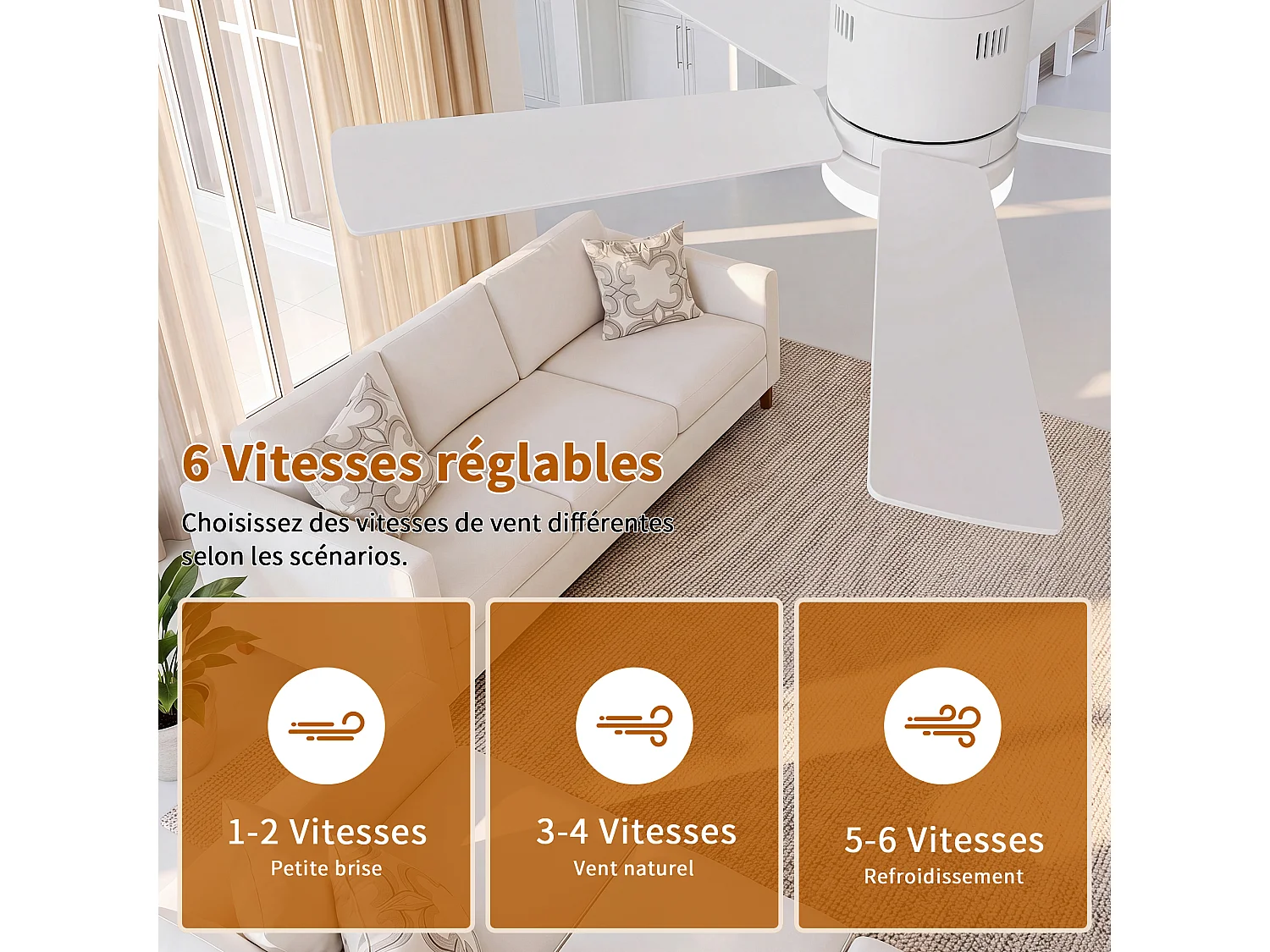 Stille LED-plafondventilator met houten afwerking, gelijkstroommotor, afstandsbediening, 6 snelheden, omkeerbaar, dimbaar, 3-kleurenverlichting, wit