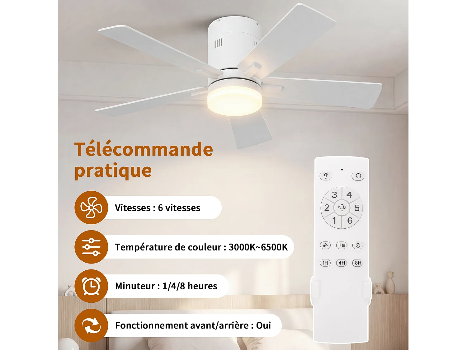 Stille LED-plafondventilator met houten afwerking, gelijkstroommotor, afstandsbediening, 6 snelheden, omkeerbaar, dimbaar, 3-kleurenverlichting, wit
