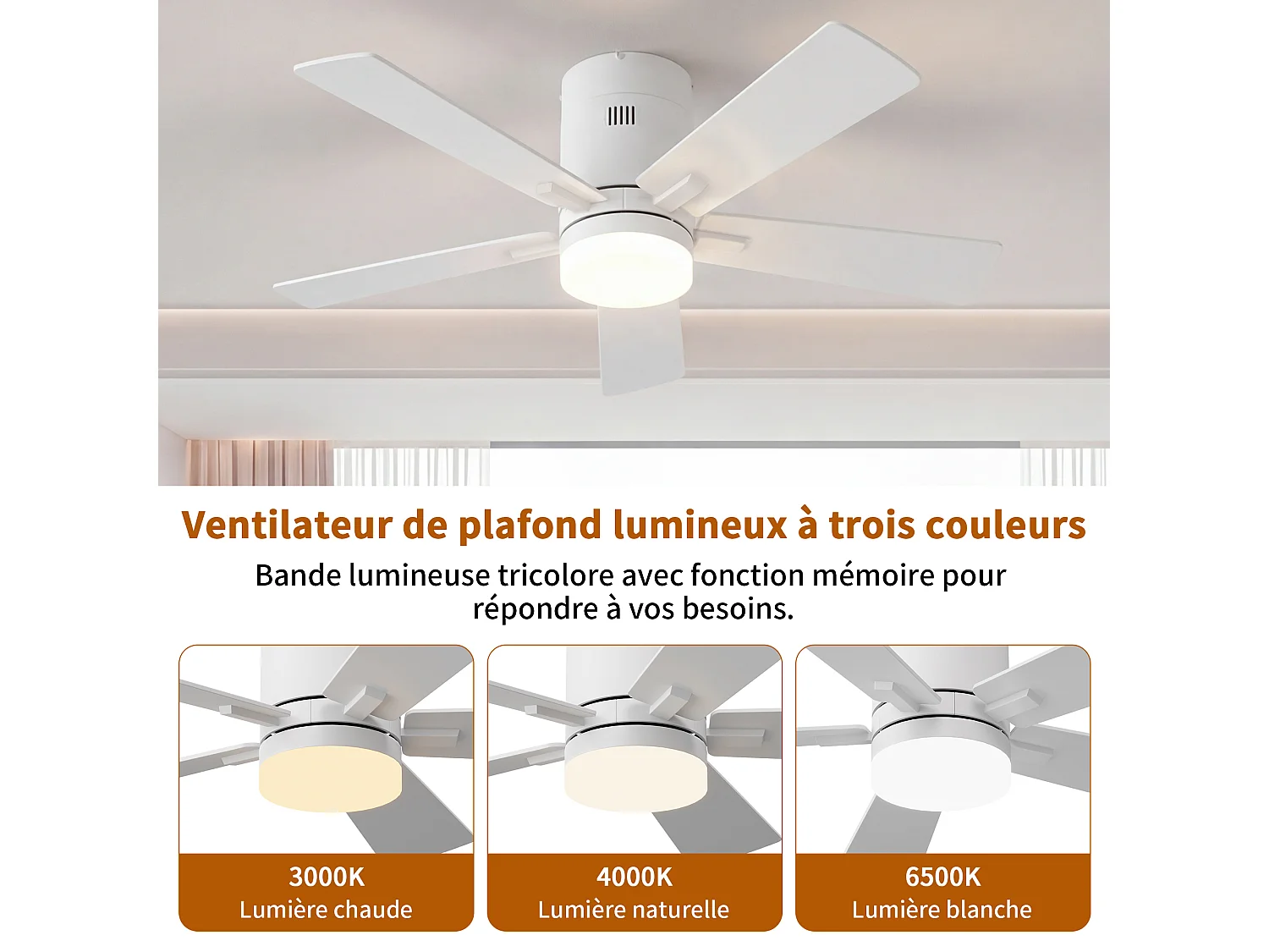 Stille LED-plafondventilator met houten afwerking, gelijkstroommotor, afstandsbediening, 6 snelheden, omkeerbaar, dimbaar, 3-kleurenverlichting, wit