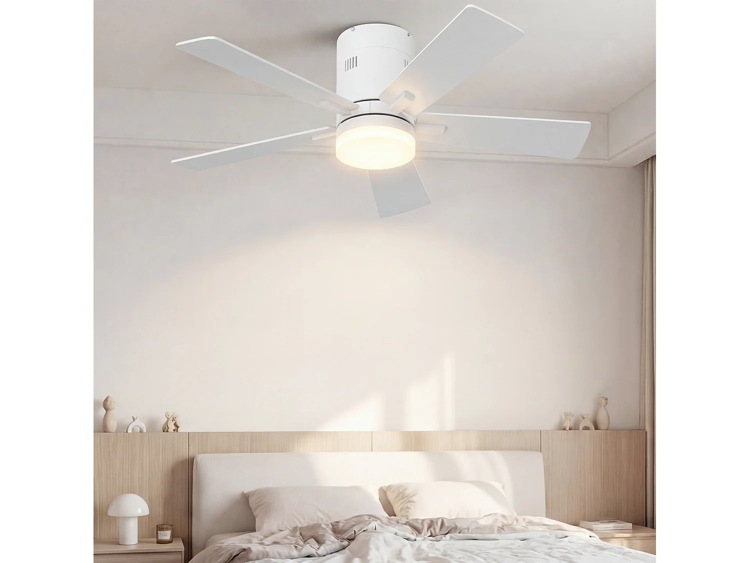 Stille LED-plafondventilator met houten afwerking, gelijkstroommotor, afstandsbediening, 6 snelheden, omkeerbaar, dimbaar, 3-kleurenverlichting, wit
