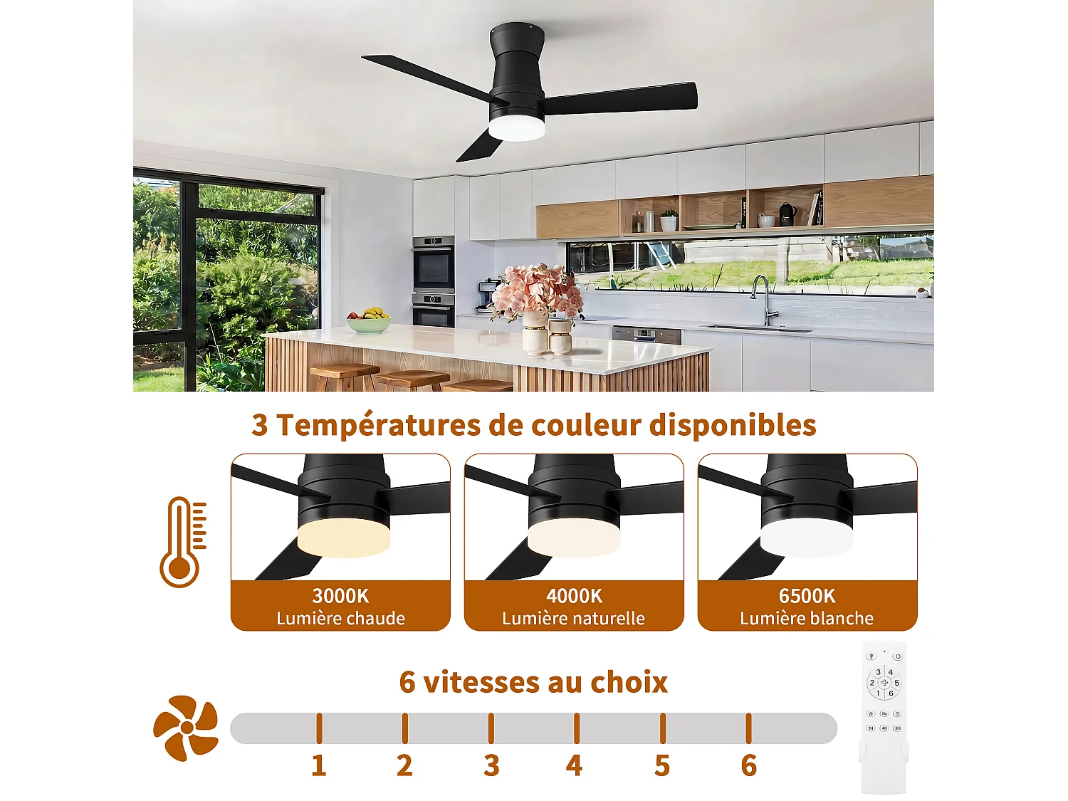 Stille LED-plafondventilator - 3 temperatuurinstellingen - 6 snelheden, omkeerbaar, energiezuinig 15W - vochtbestendig - zwart