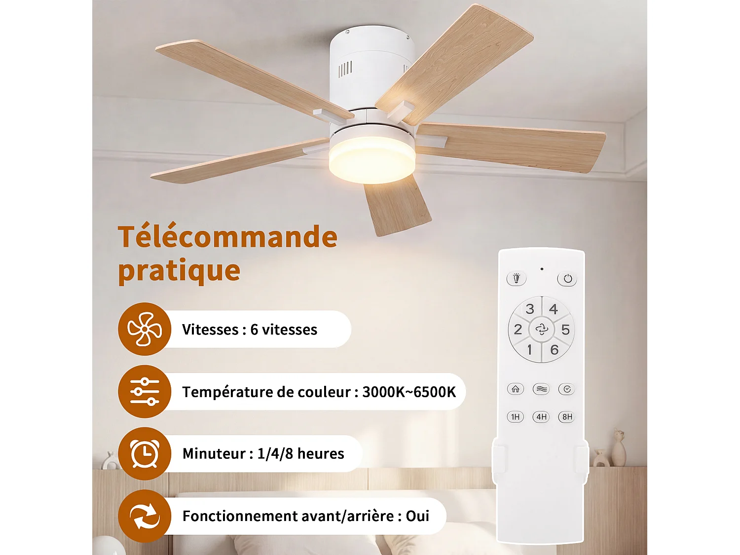 Stille LED-plafondventilator met houten afwerking, gelijkstroommotor, afstandsbediening, 6 snelheden, omkeerbaar, 15W, dimbaar, 3 kleuren verlichting