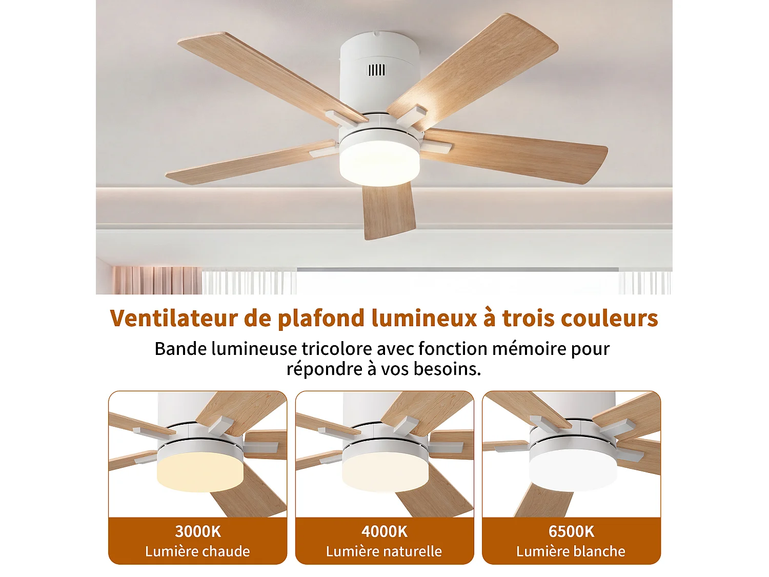 Stille LED-plafondventilator met houten afwerking, gelijkstroommotor, afstandsbediening, 6 snelheden, omkeerbaar, 15W, dimbaar, 3 kleuren verlichting