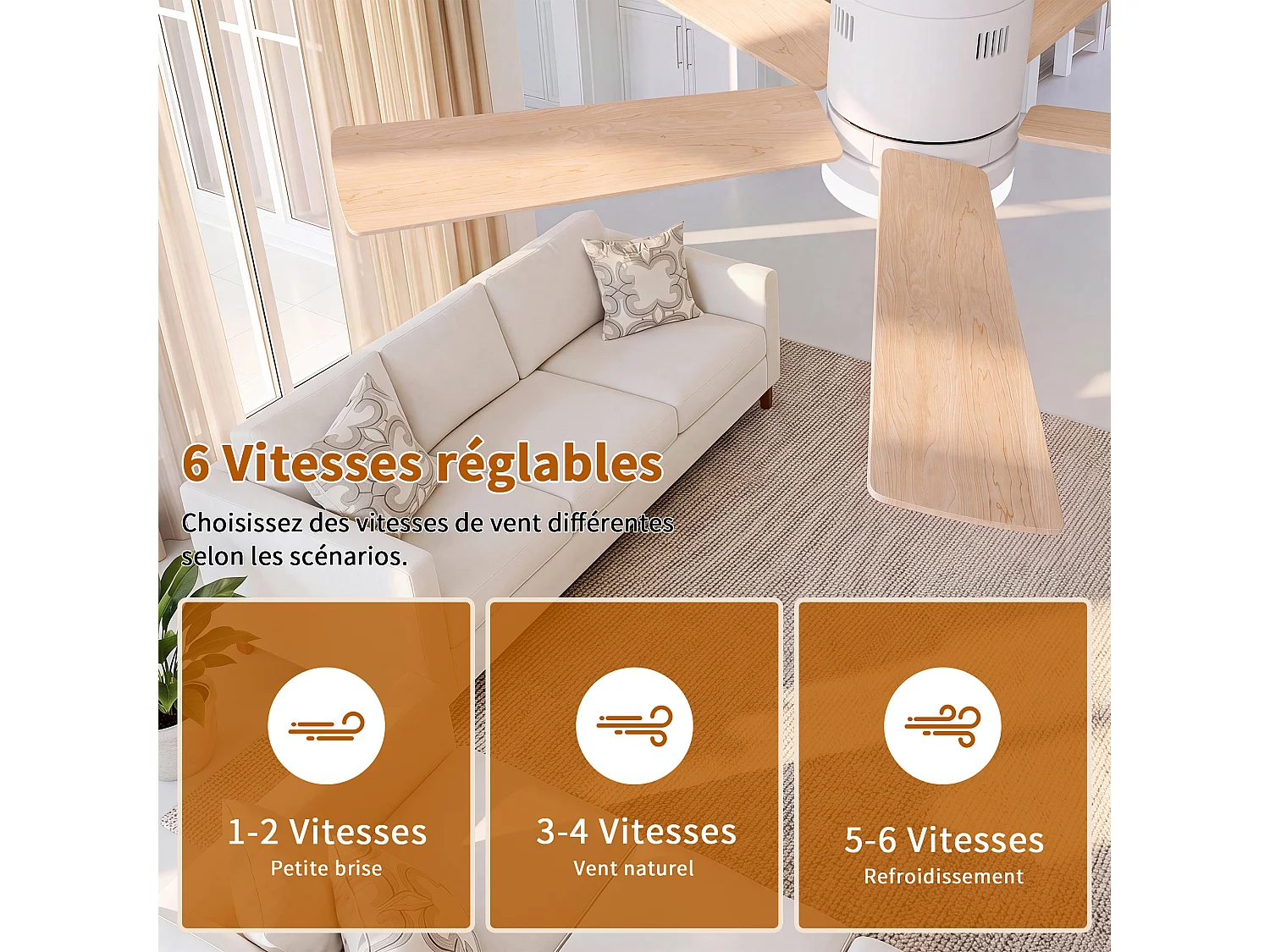 Stille LED-plafondventilator met houten afwerking, gelijkstroommotor, afstandsbediening, 6 snelheden, omkeerbaar, 15W, dimbaar, 3 kleuren verlichting