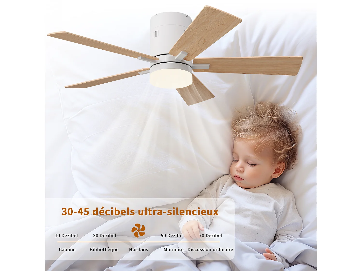 Stille LED-plafondventilator met houten afwerking, gelijkstroommotor, afstandsbediening, 6 snelheden, omkeerbaar, 15W, dimbaar, 3 kleuren verlichting
