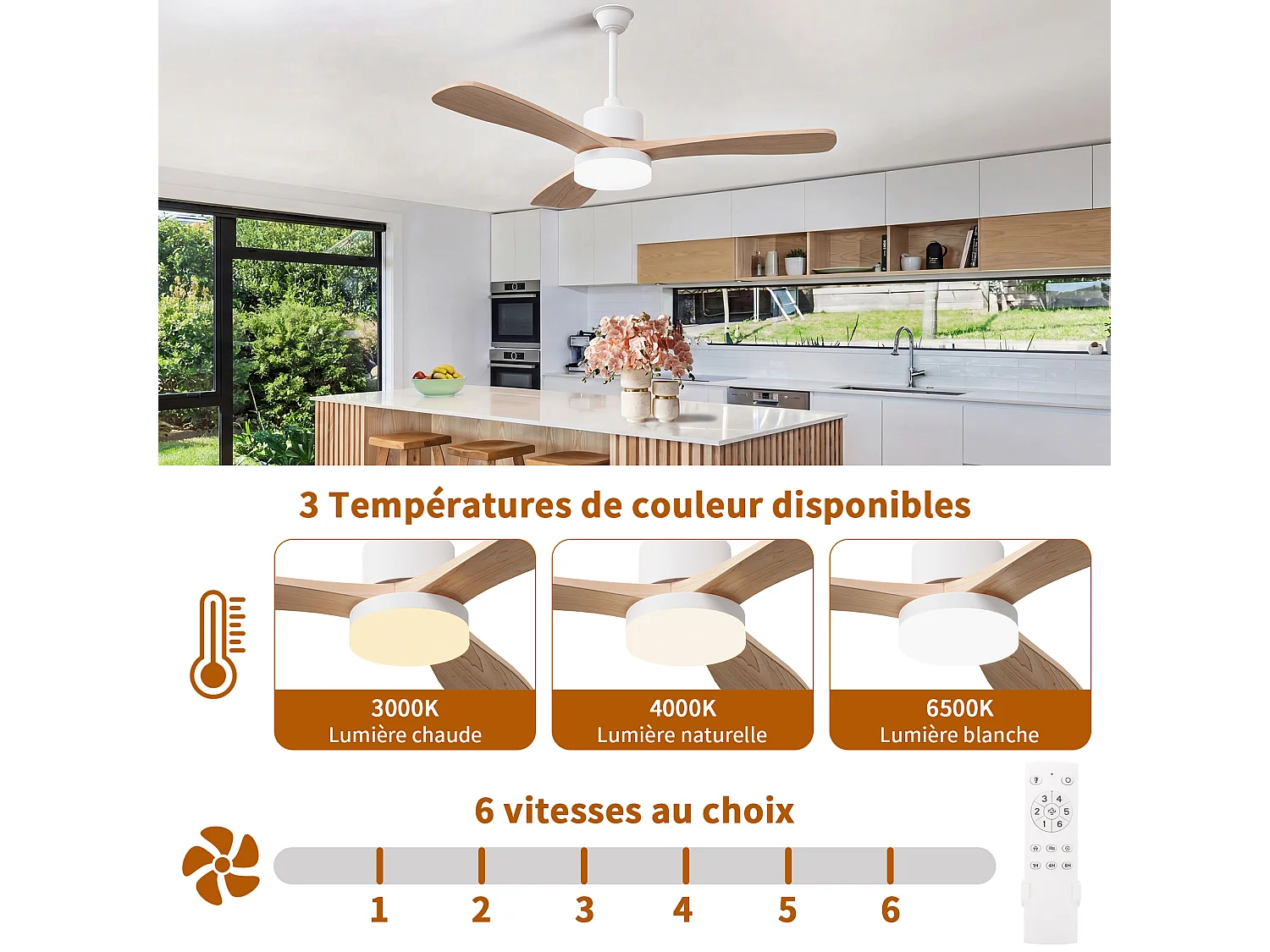 Plafondventilator met verlichting en afstandsbediening, stille gelijkstroommotor, 6 snelheden, 3 LED-kleurtemperaturen, timer van 1/4/8 uur