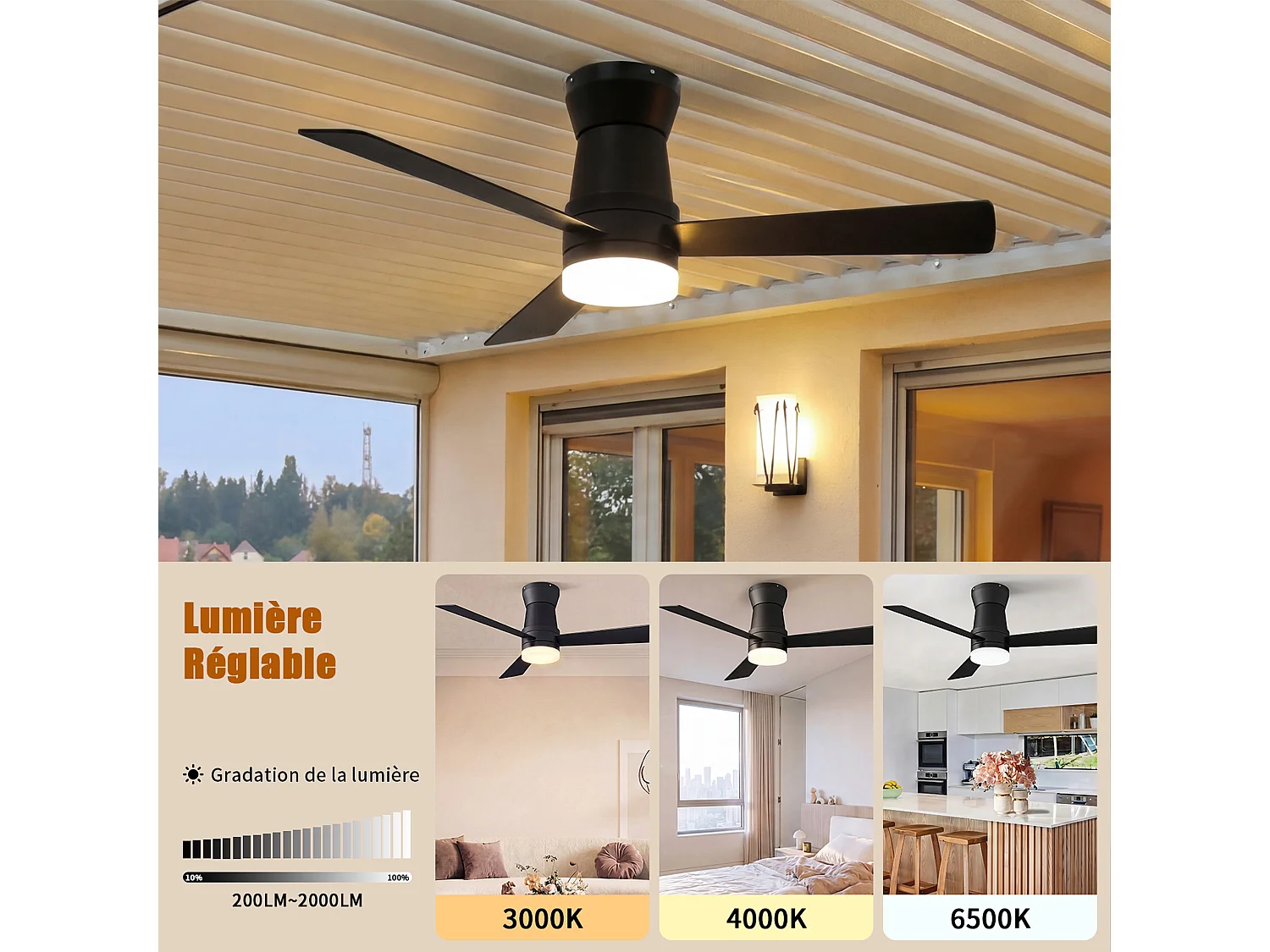 Stille LED-plafondventilator - 6 snelheden - Energiezuinig 15W - Vochtbestendig - Omkeerbare plafondventilator - Zwart