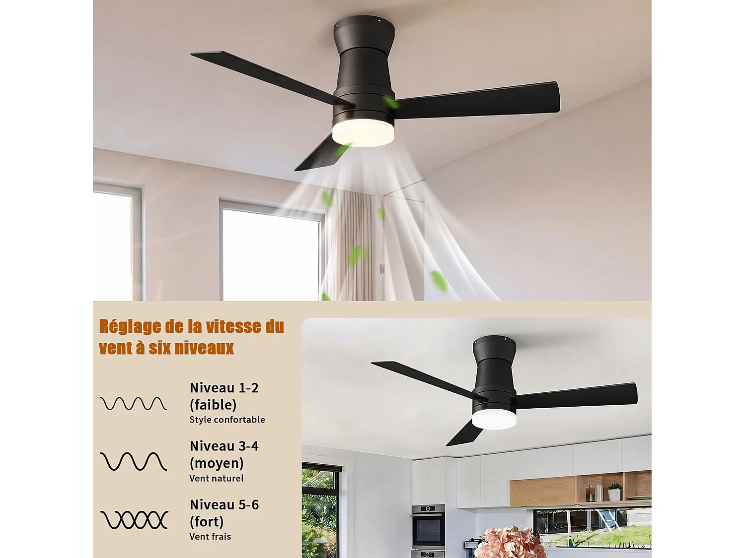 Stille LED-plafondventilator - 6 snelheden - Energiezuinig 15W - Vochtbestendig - Omkeerbare plafondventilator - Zwart