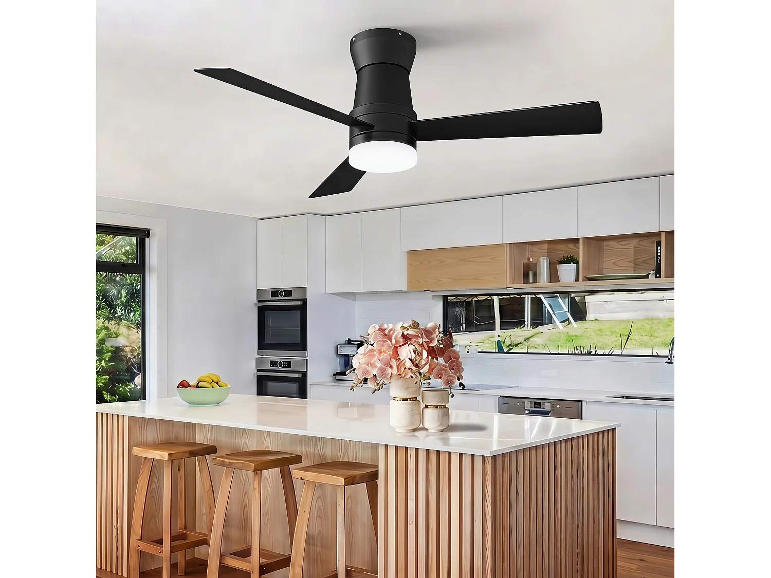 Stille LED-plafondventilator - 6 snelheden - Energiezuinig 15W - Vochtbestendig - Omkeerbare plafondventilator - Zwart