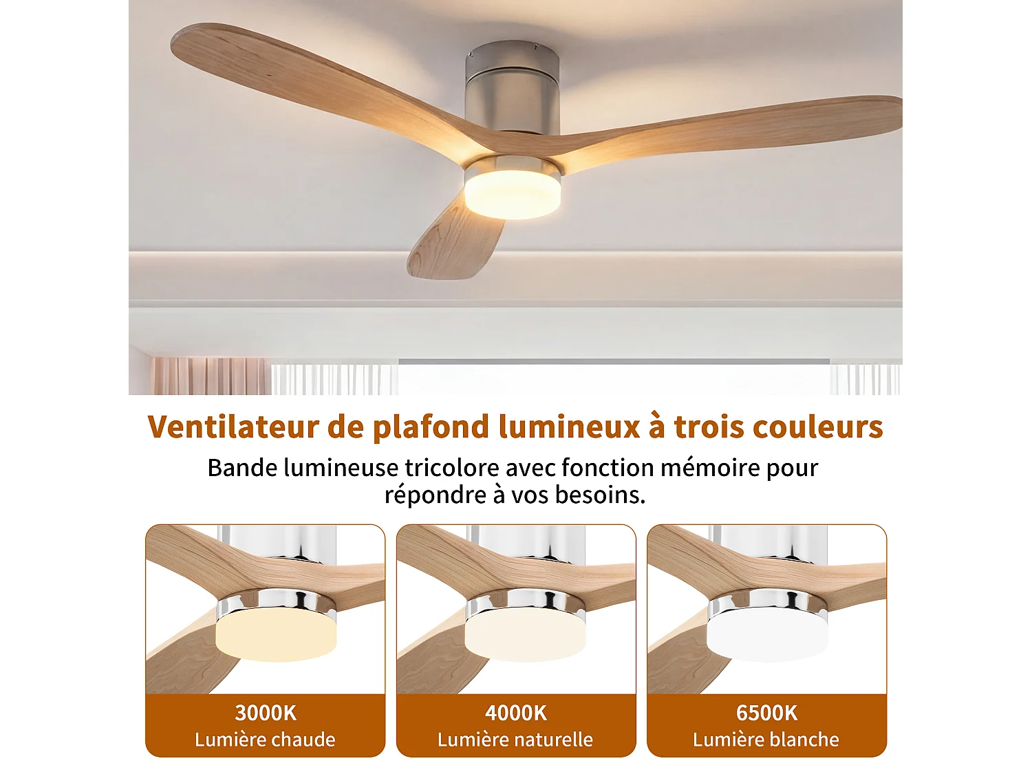 Stille houten LED-plafondventilator - Omkeerbare gelijkstroommotor - Afstandsbediening - 15W energiezuinig - 6 snelheden voor de slaapkamer