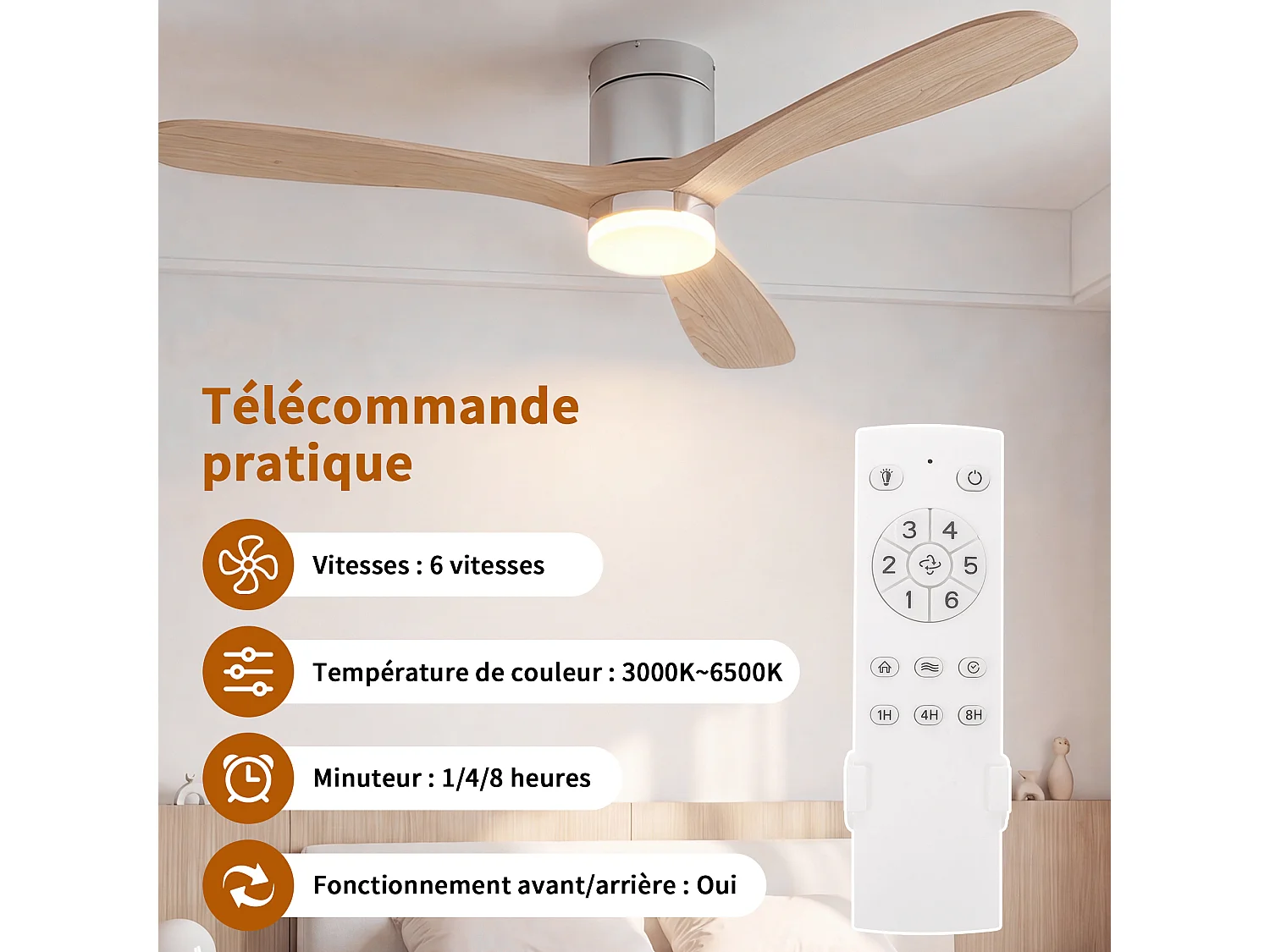 Stille houten LED-plafondventilator - Omkeerbare gelijkstroommotor - Afstandsbediening - 15W energiezuinig - 6 snelheden voor de slaapkamer