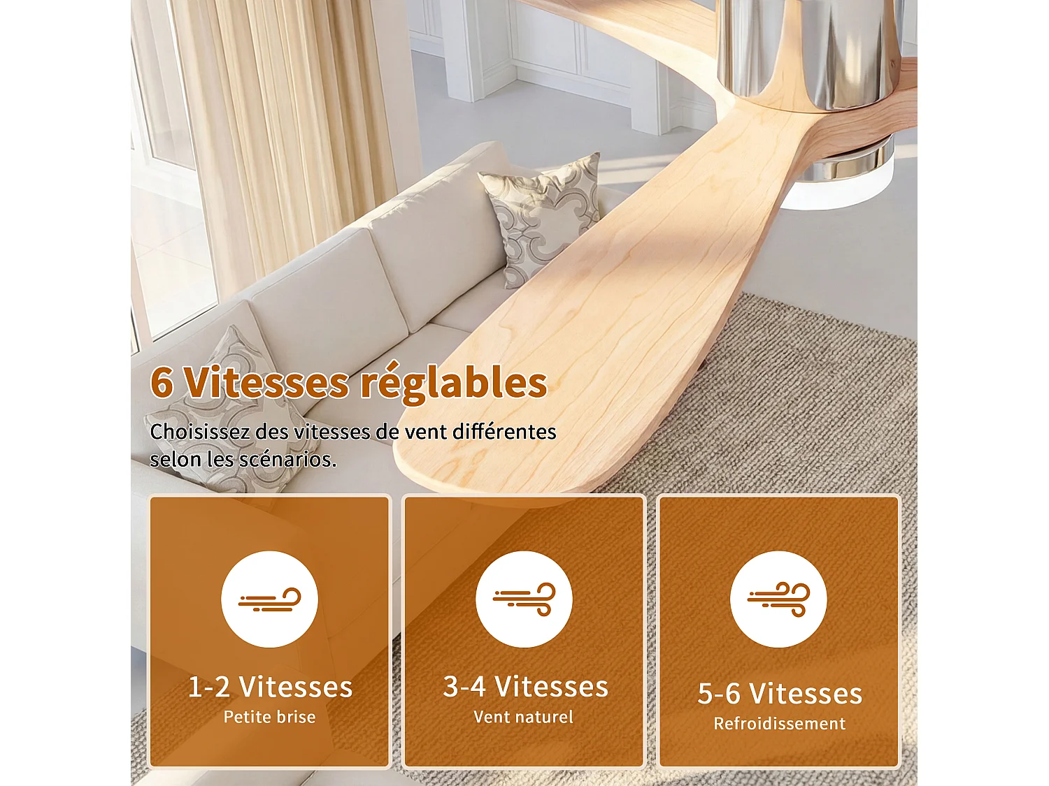 Stille houten LED-plafondventilator - Omkeerbare gelijkstroommotor - Afstandsbediening - 15W energiezuinig - 6 snelheden voor de slaapkamer